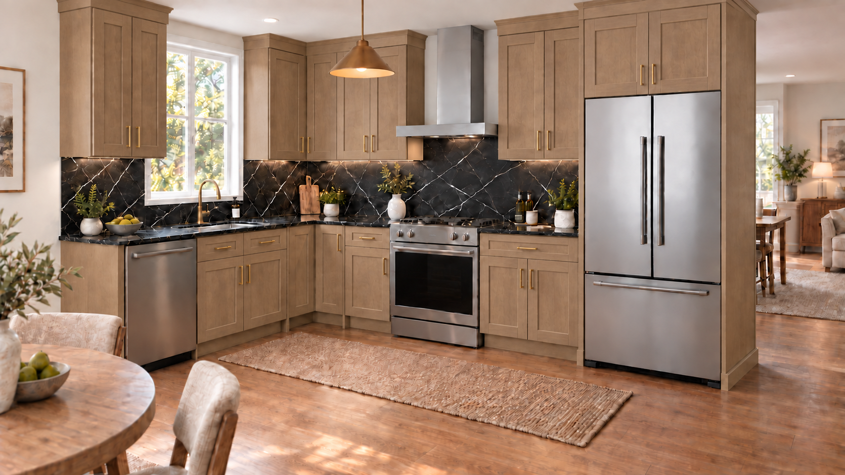 Honey Shaker — L-shaped kitchen with dark stone.