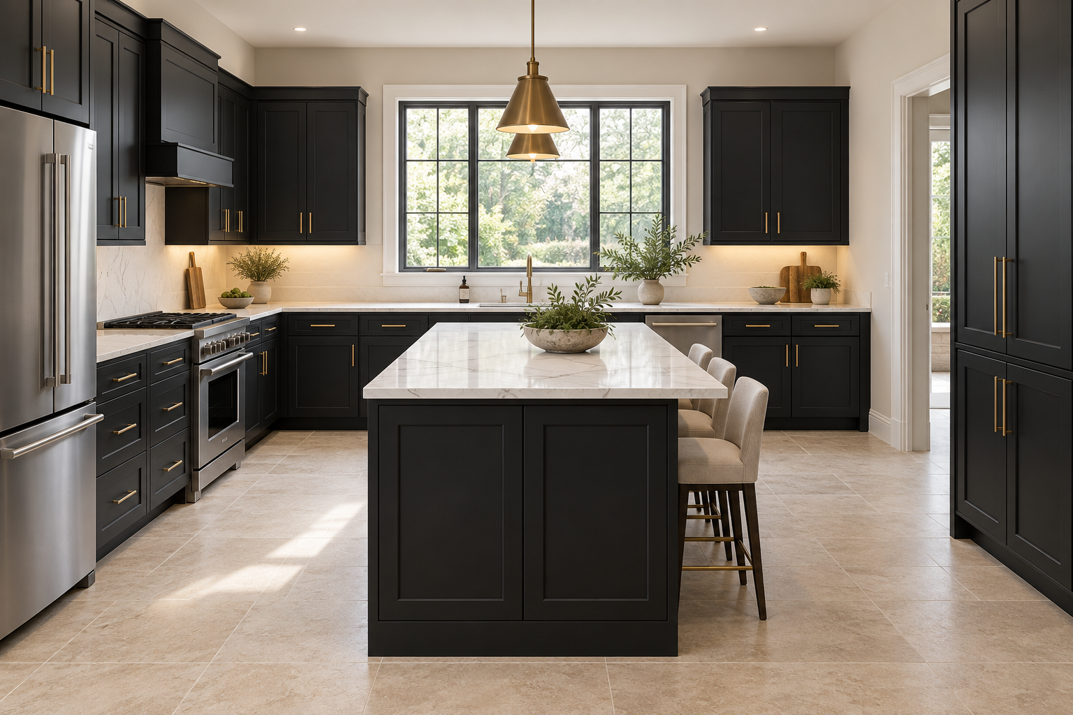 Black Shaker — L-shaped kitchen with island.