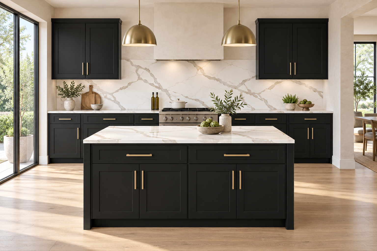 Black Shaker — Single wall with island and veined stone.