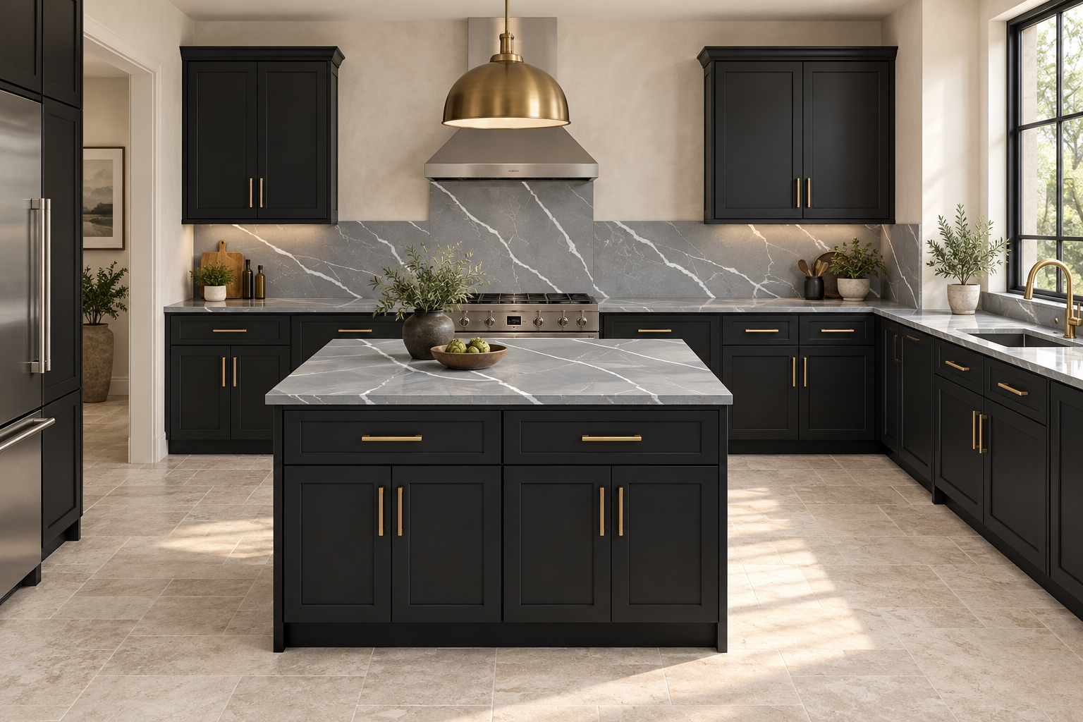 Black Shaker — L-shaped kitchen with island and gray stone.