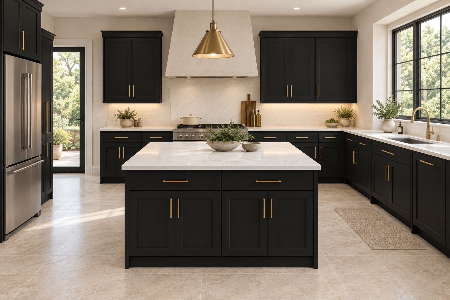 Black Shaker — L-shaped kitchen with island and pale stone.