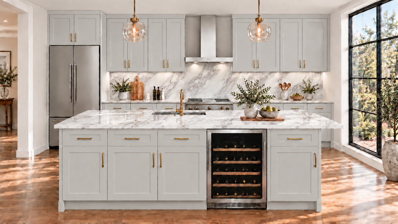 Dawn Gray Shaker — Kitchen with island — TD06.