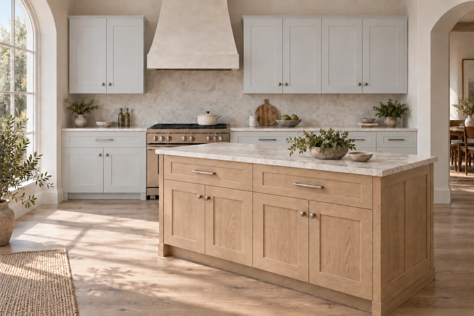 Dawn Gray + White Oak full-overlay Shaker kitchen with a contrasting island — natural daylight.