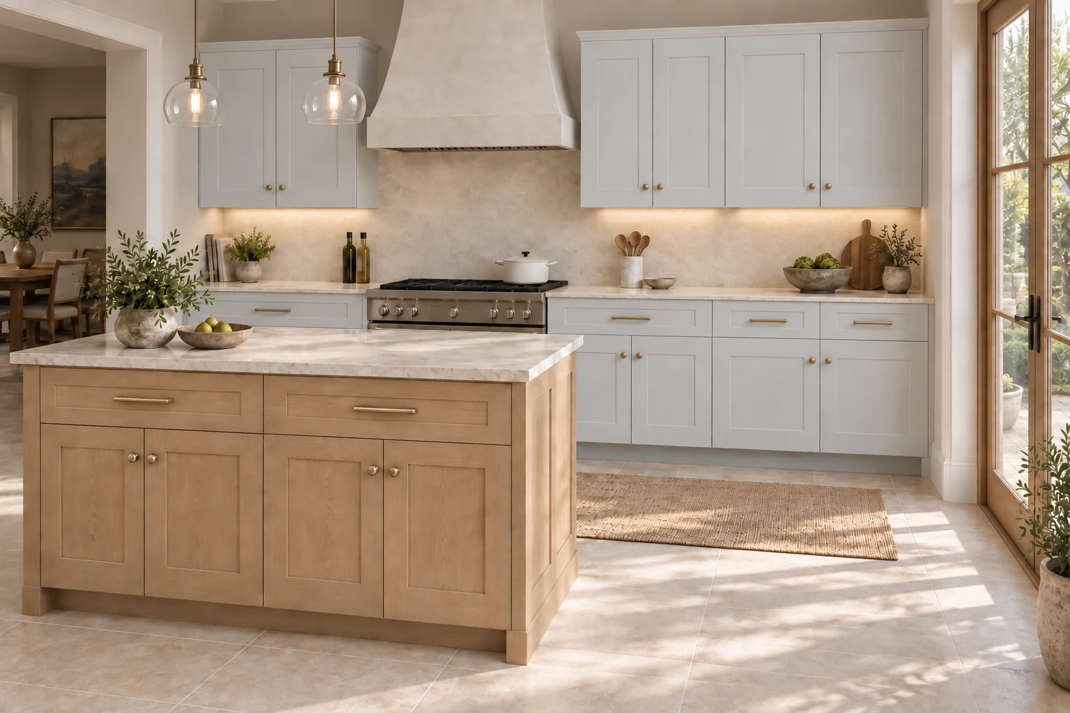Dawn Gray + White Oak full-overlay Shaker kitchen with a contrasting island — lights on.
