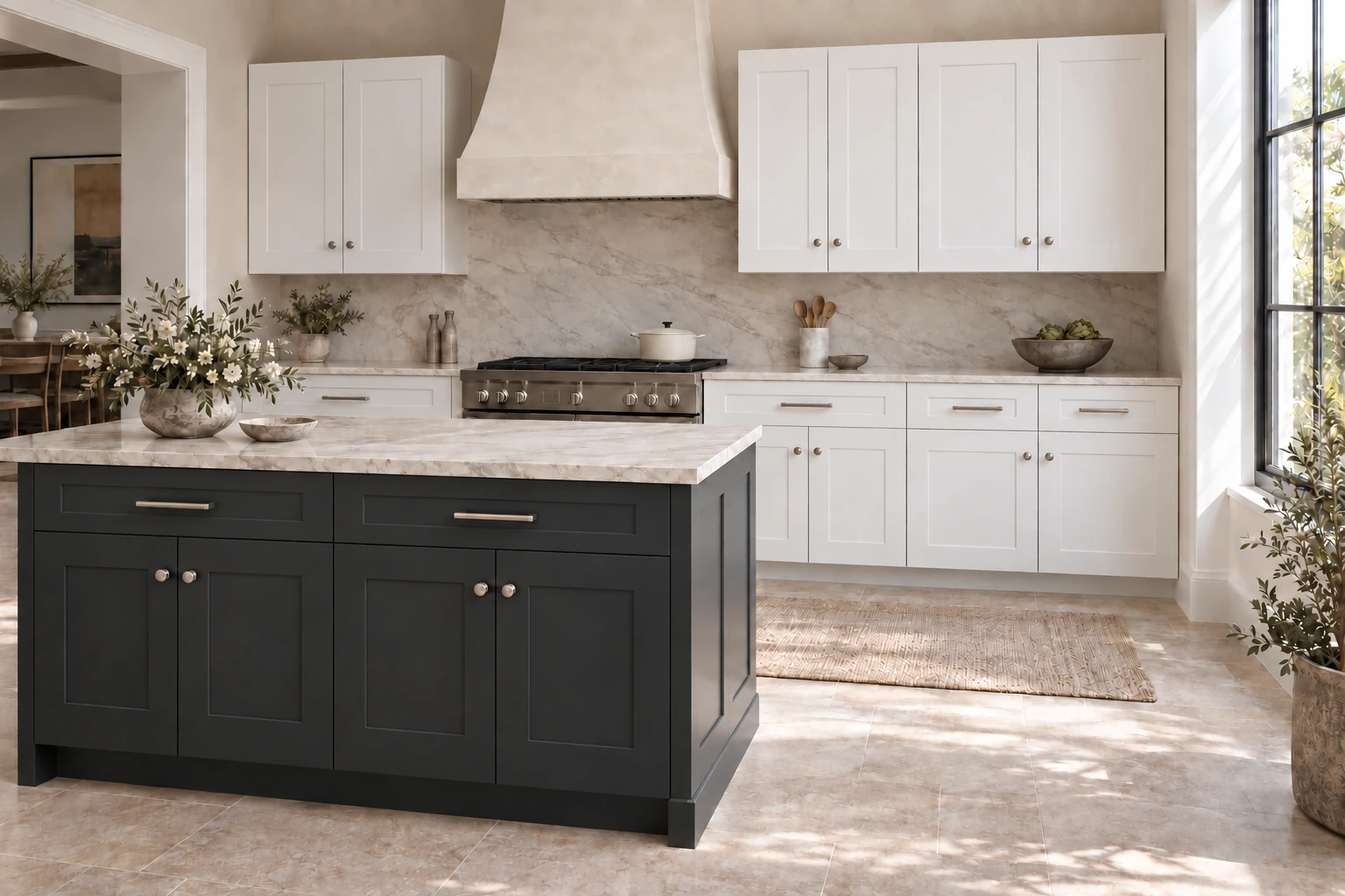 White + Black full-overlay Shaker kitchen with a contrasting island — natural daylight.