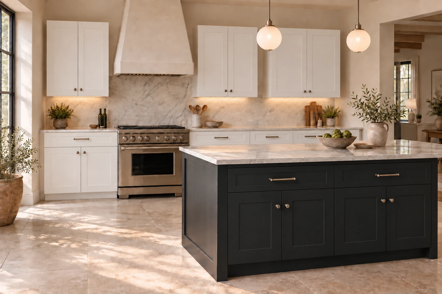 White + Black full-overlay Shaker kitchen with a contrasting island — lights on.