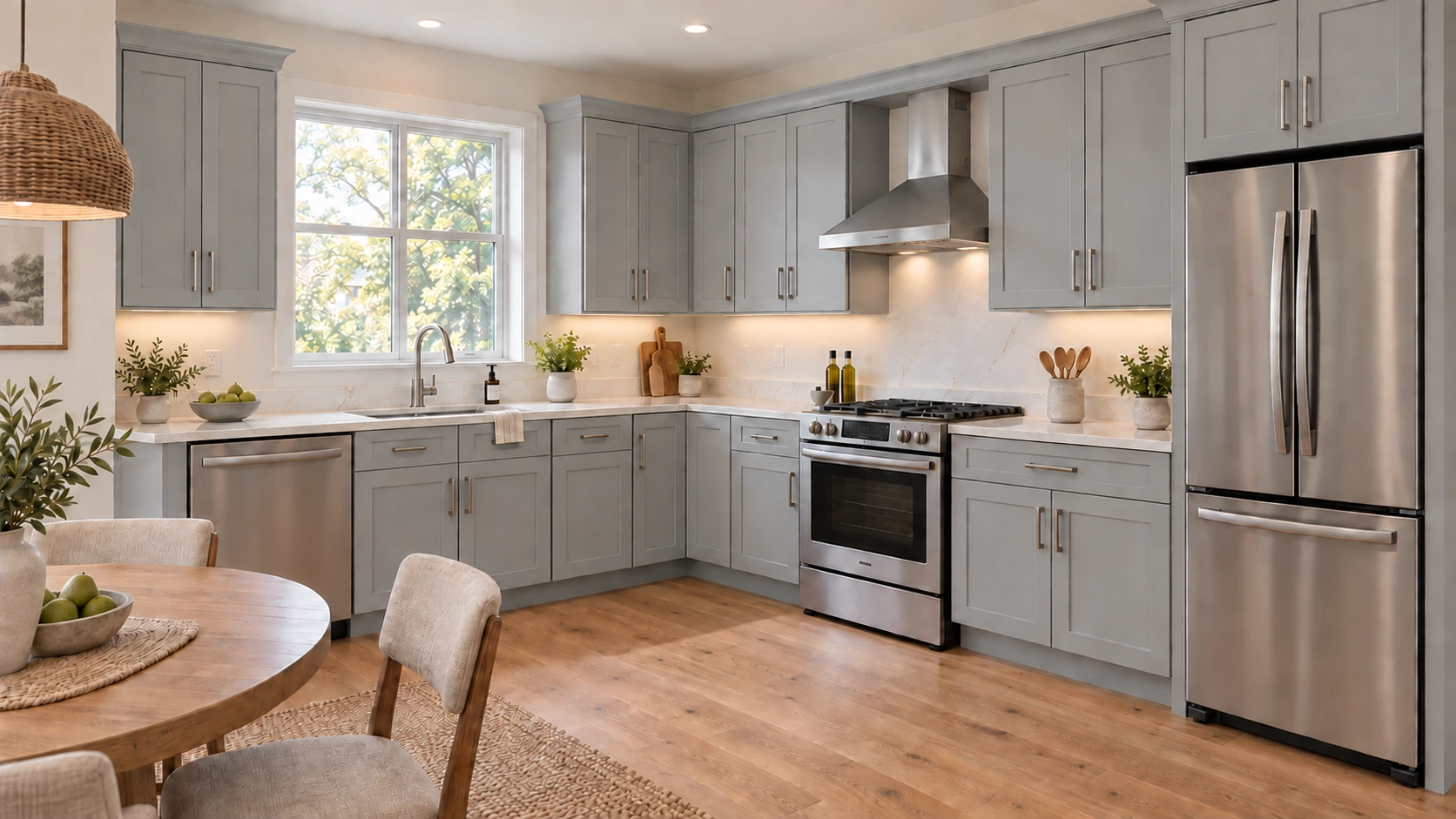 L-shaped kitchen with Gray Shaker cabinetry, pale stone countertops and natural daylight.