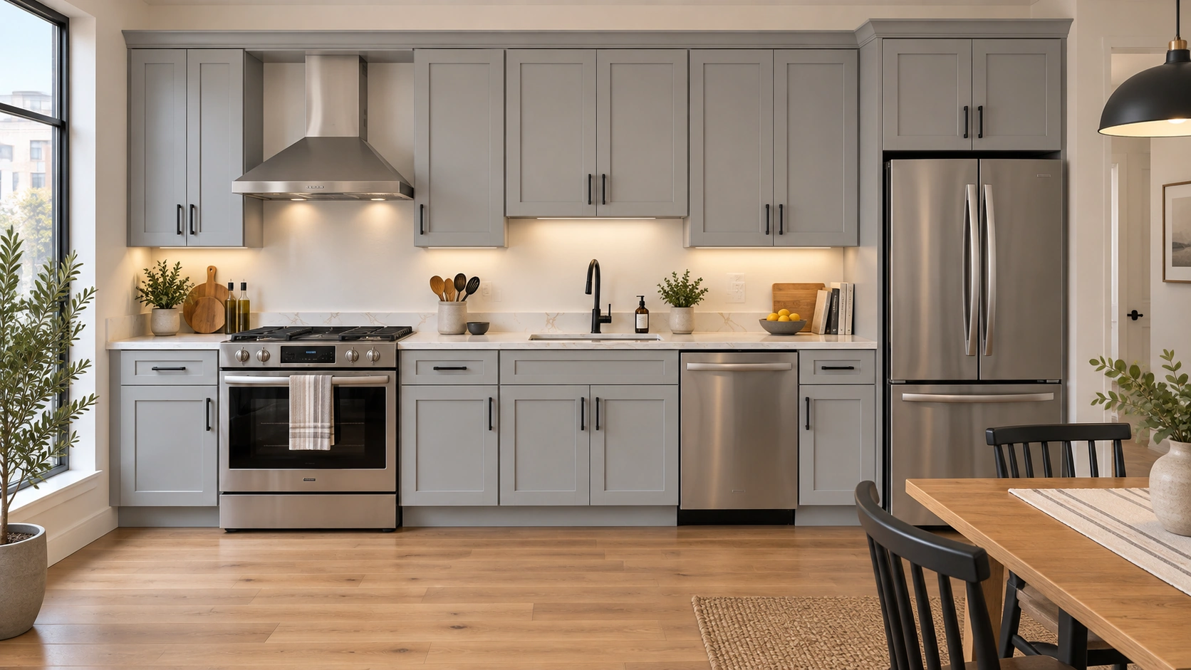 Single-wall kitchen with Gray Shaker cabinetry, pale stone countertops and natural daylight.