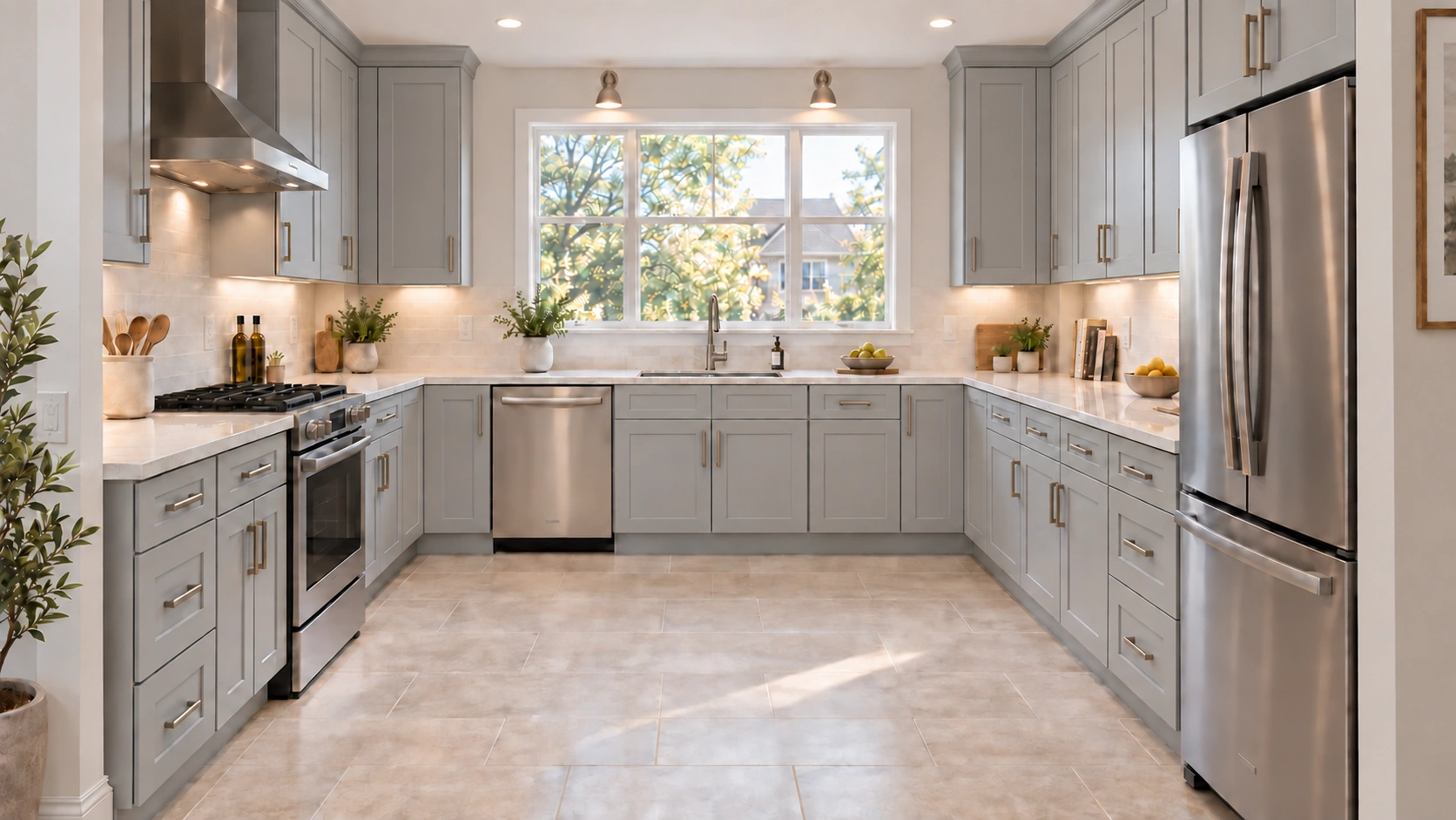 U-shaped kitchen with Gray Shaker cabinetry, pale stone countertops and natural daylight.