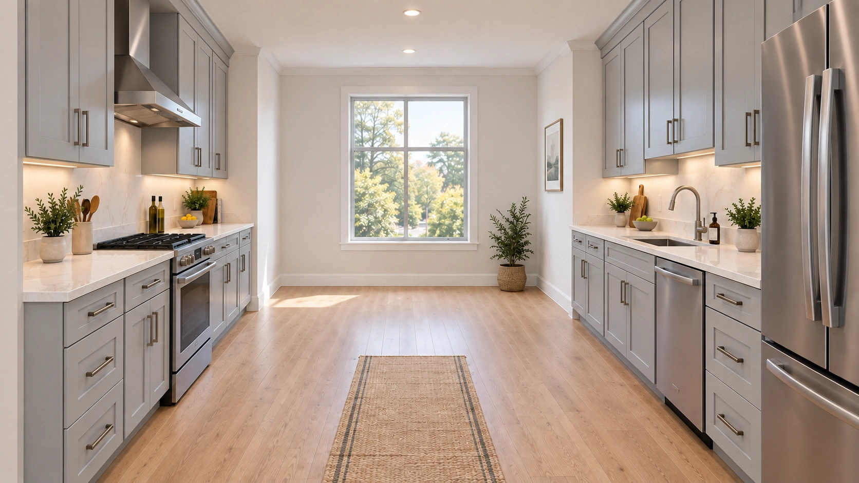 Wide galley kitchen with Gray Shaker cabinetry, pale stone countertops and natural daylight.