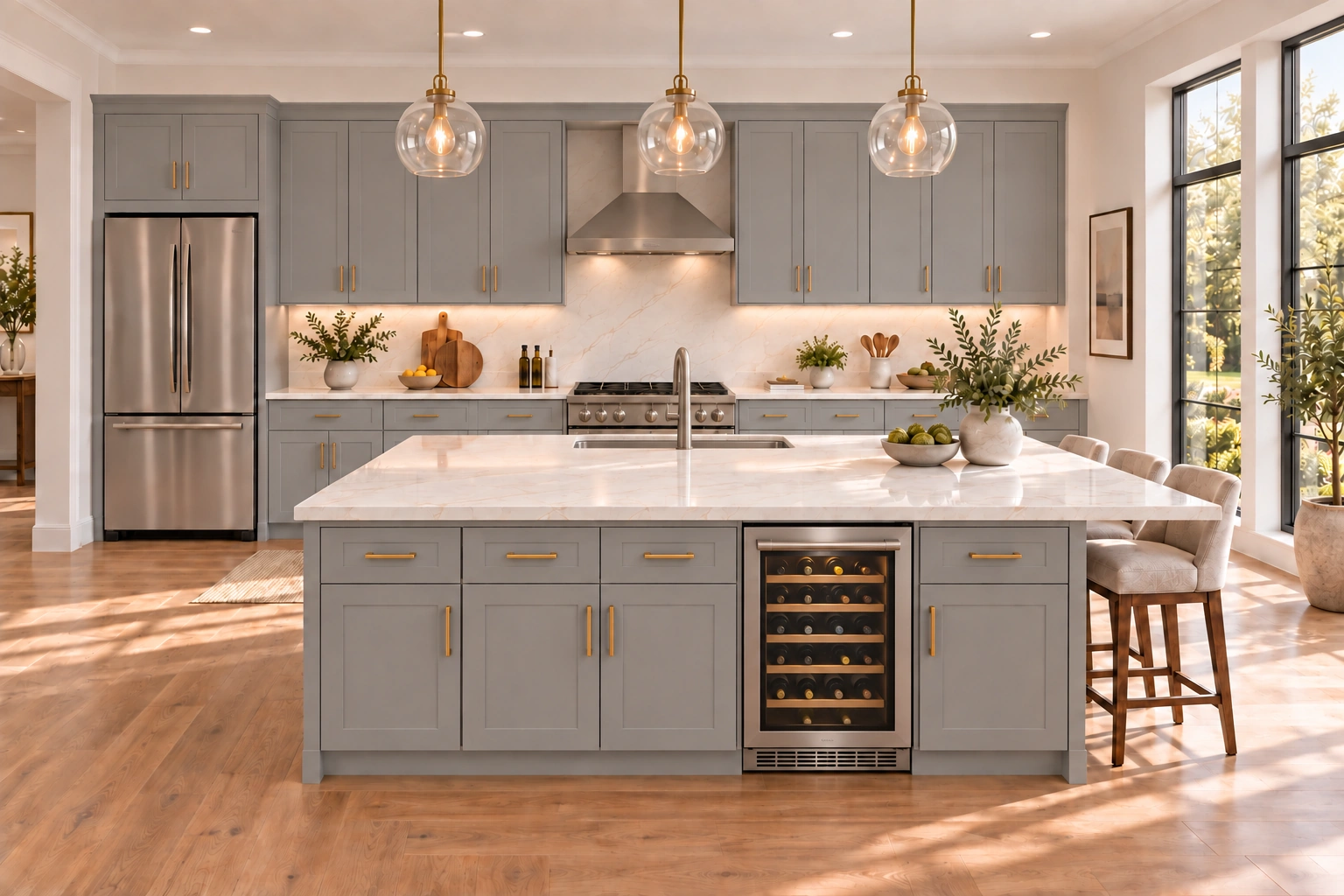 Kitchen with island and wine cooler with Gray Shaker cabinetry, pale stone countertops and natural daylight.