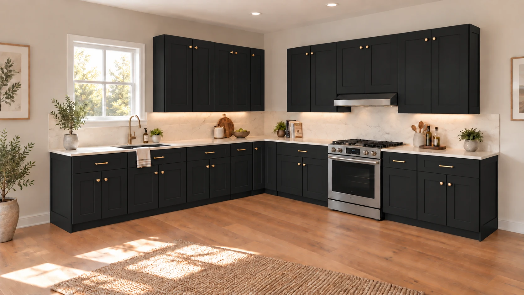 An l-shaped kitchen with black Shaker cabinetry, pale stone countertops and natural daylight.
