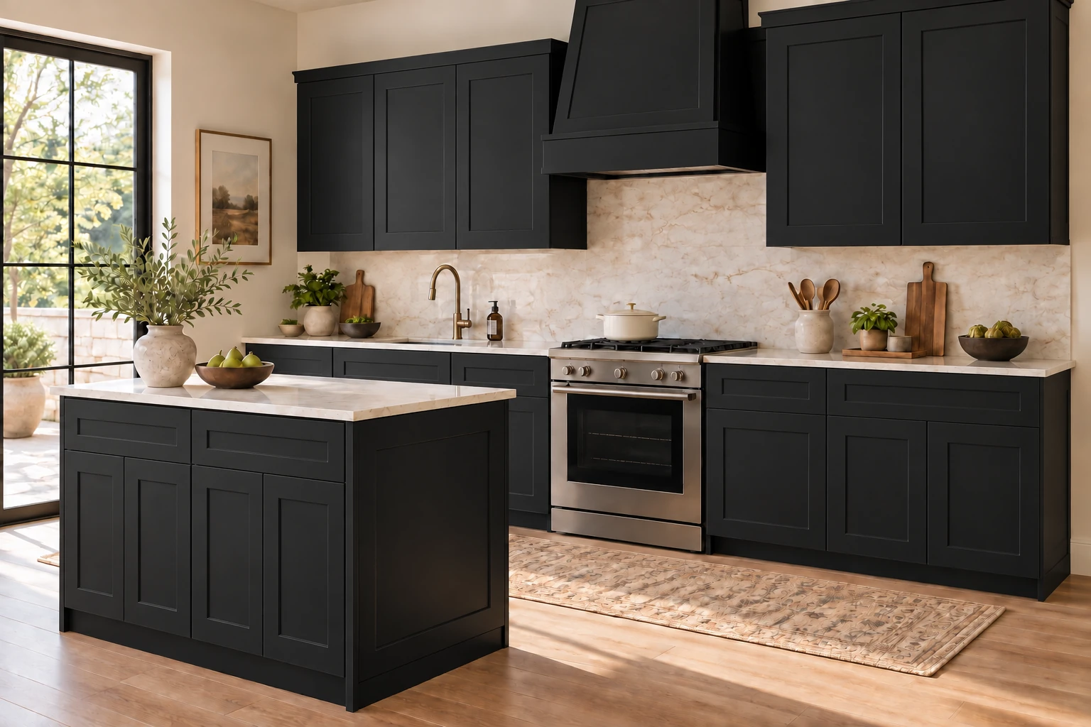A single-wall kitchen with an island with black Shaker cabinetry, pale stone countertops and natural daylight.