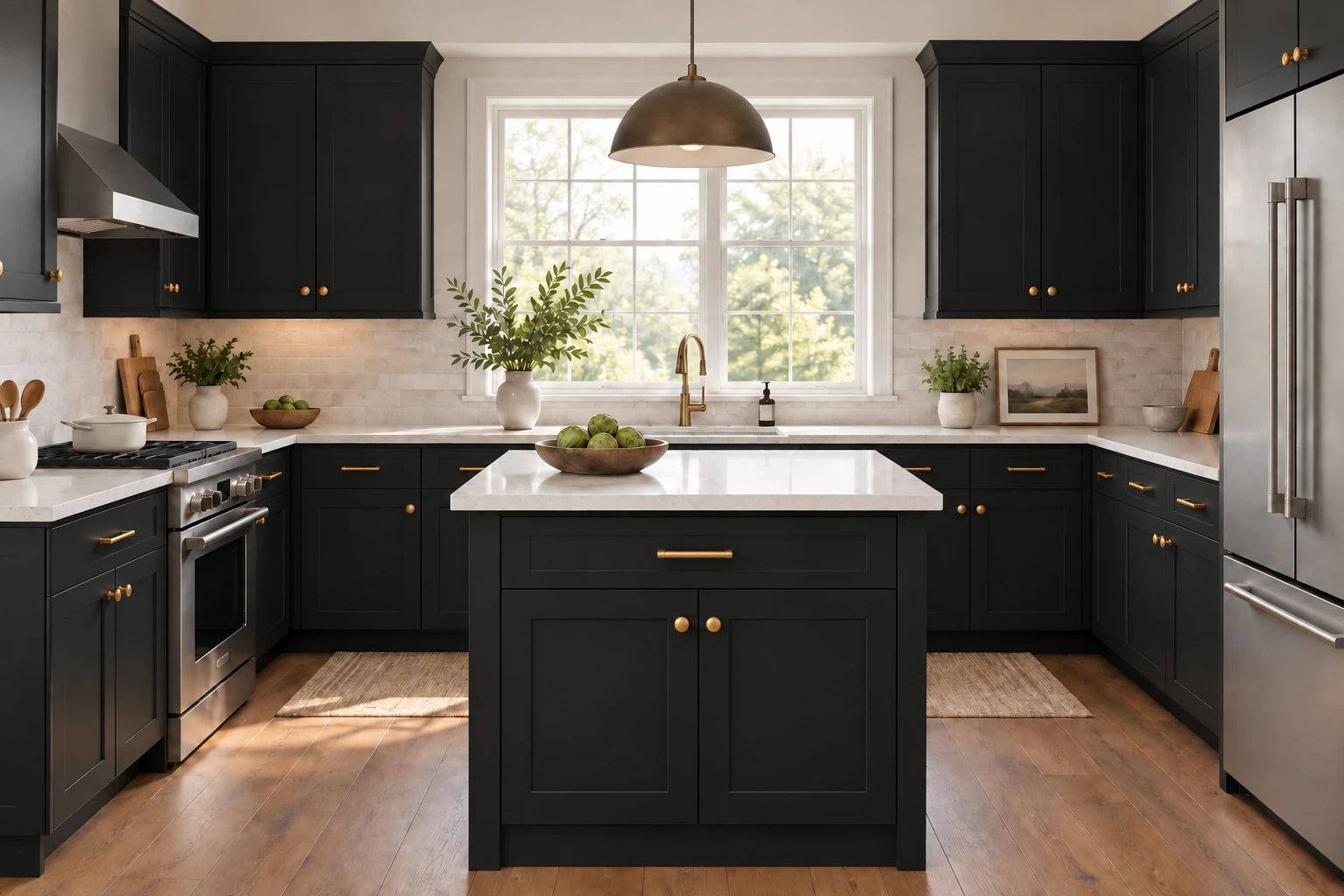 A u-shaped kitchen with an island with black Shaker cabinetry, pale stone countertops and natural daylight.