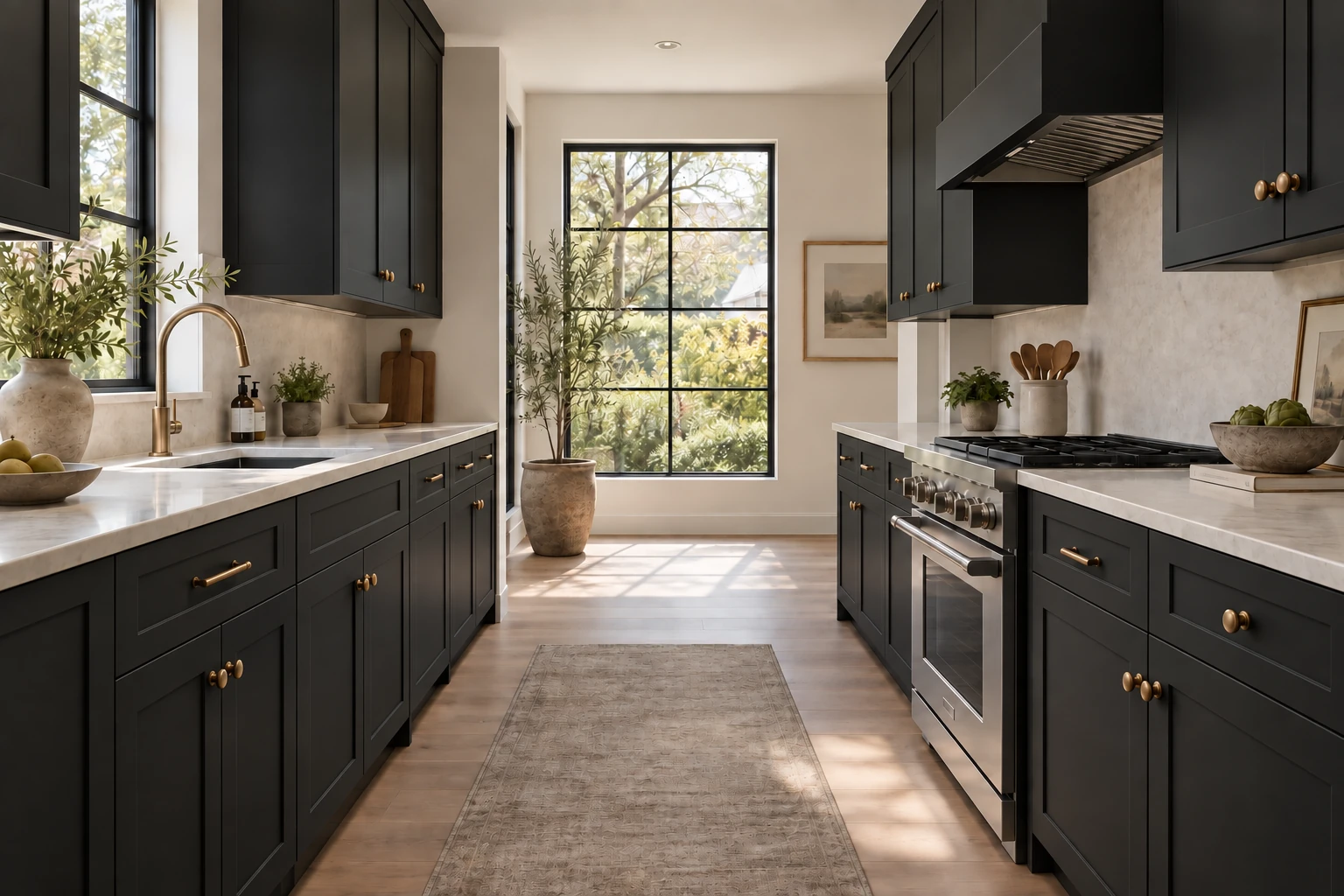 A galley kitchen with black Shaker cabinetry, pale stone countertops and natural daylight.