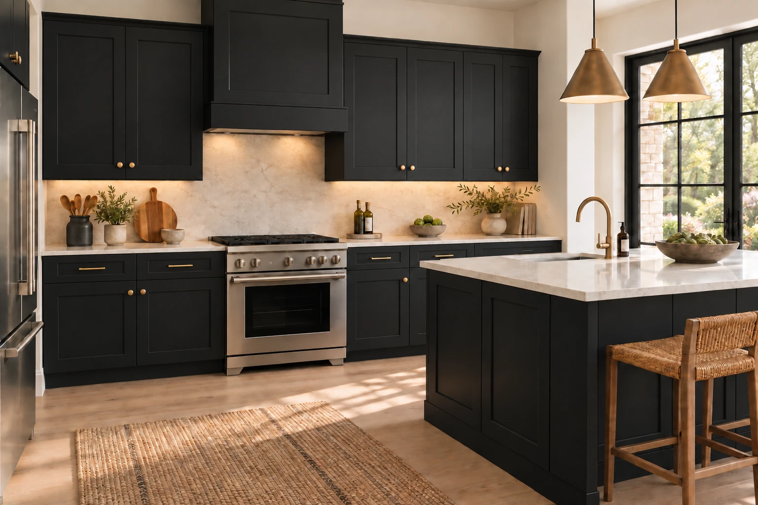 A peninsula kitchen with black Shaker cabinetry, pale stone countertops and natural daylight.