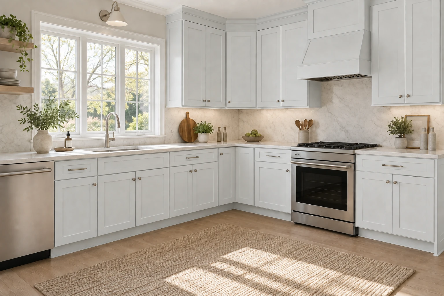 An l-shaped kitchen with Dawn Gray Shaker cabinetry, pale stone countertops and natural daylight.