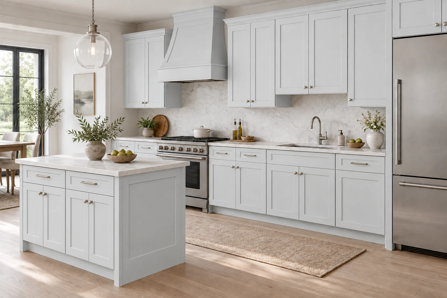 A single-wall kitchen with an island with Dawn Gray Shaker cabinetry, pale stone countertops and natural daylight.