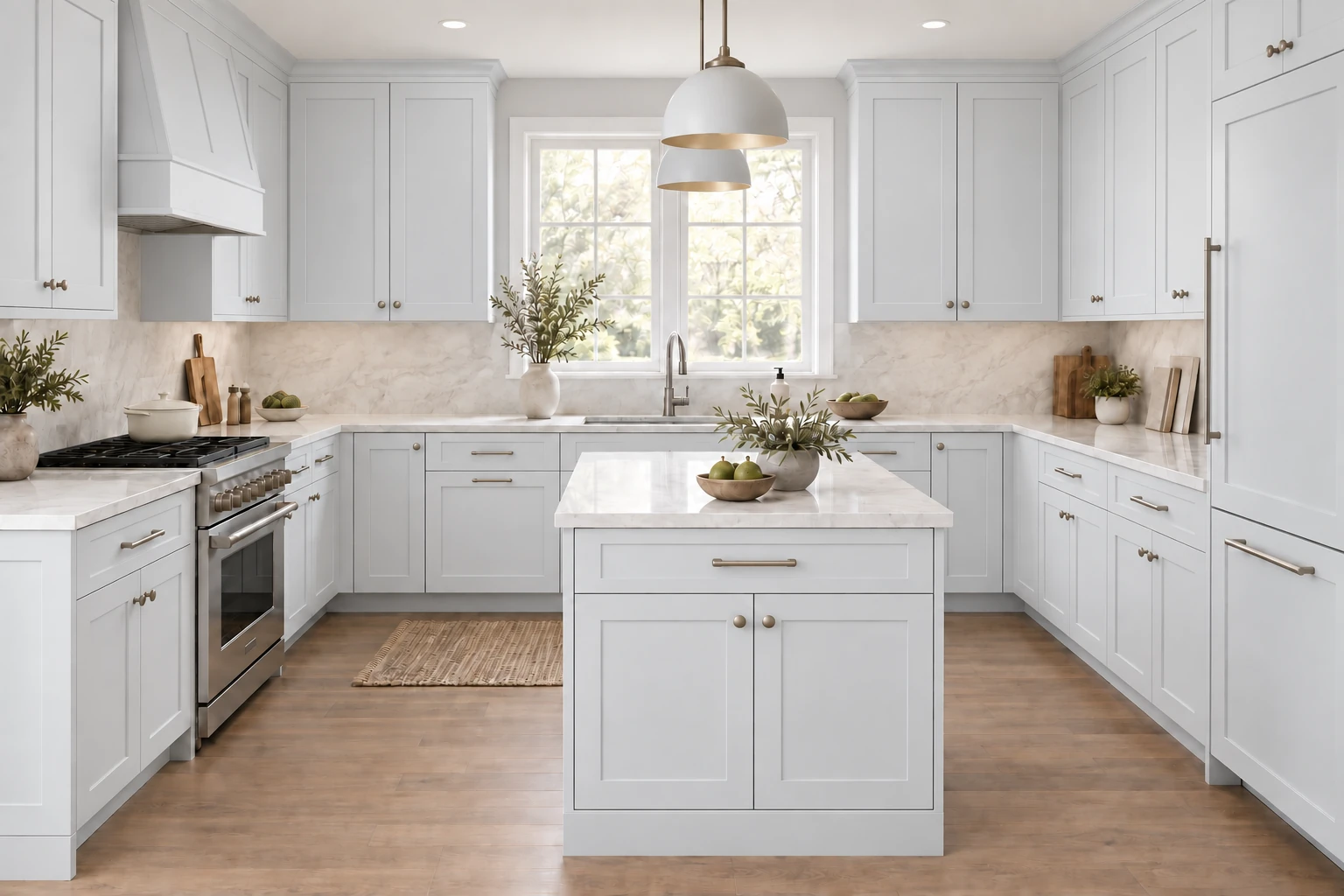 A u-shaped kitchen with an island with Dawn Gray Shaker cabinetry, pale stone countertops and natural daylight.