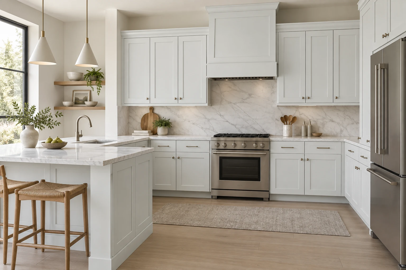 A peninsula kitchen with Dawn Gray Shaker cabinetry, pale stone countertops and natural daylight.