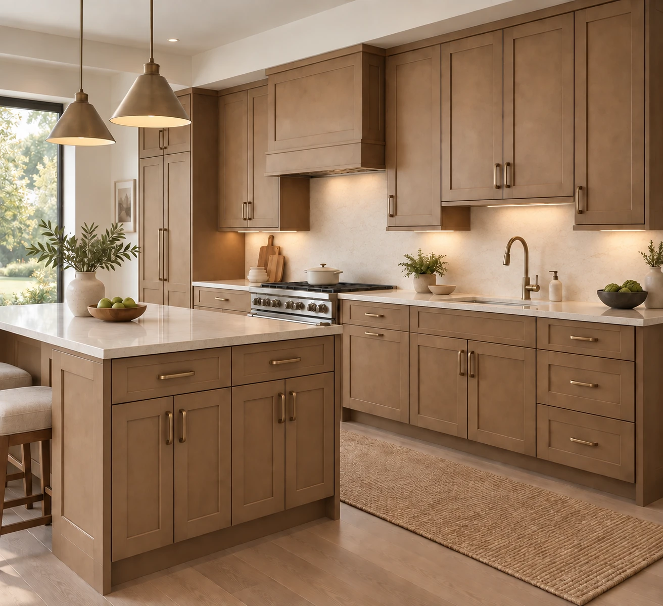 A single-wall kitchen with an island with Honey wood Shaker cabinetry, pale stone countertops and natural daylight.