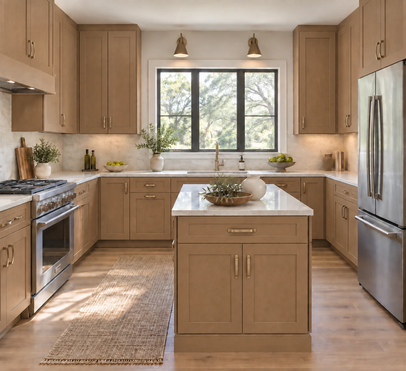 A u-shaped kitchen with an island with Honey wood Shaker cabinetry, pale stone countertops and natural daylight.