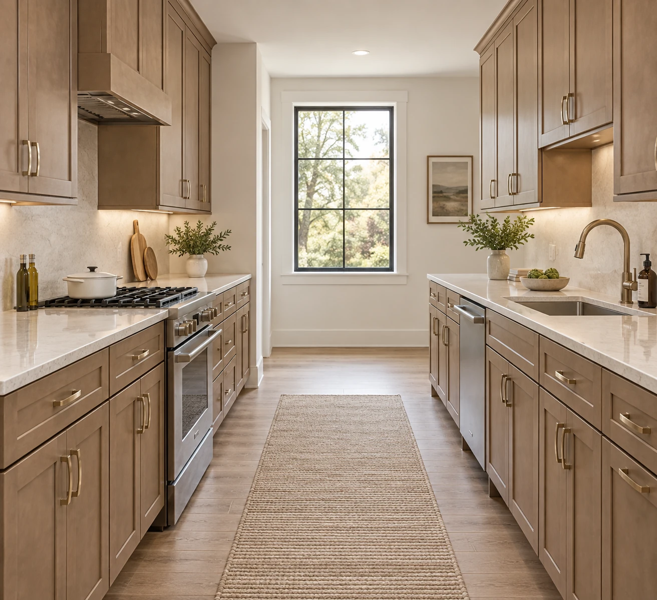 A galley kitchen with Honey wood Shaker cabinetry, pale stone countertops and natural daylight.