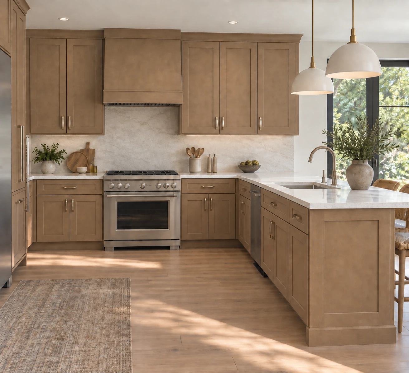 A peninsula kitchen with Honey wood Shaker cabinetry, pale stone countertops and natural daylight.