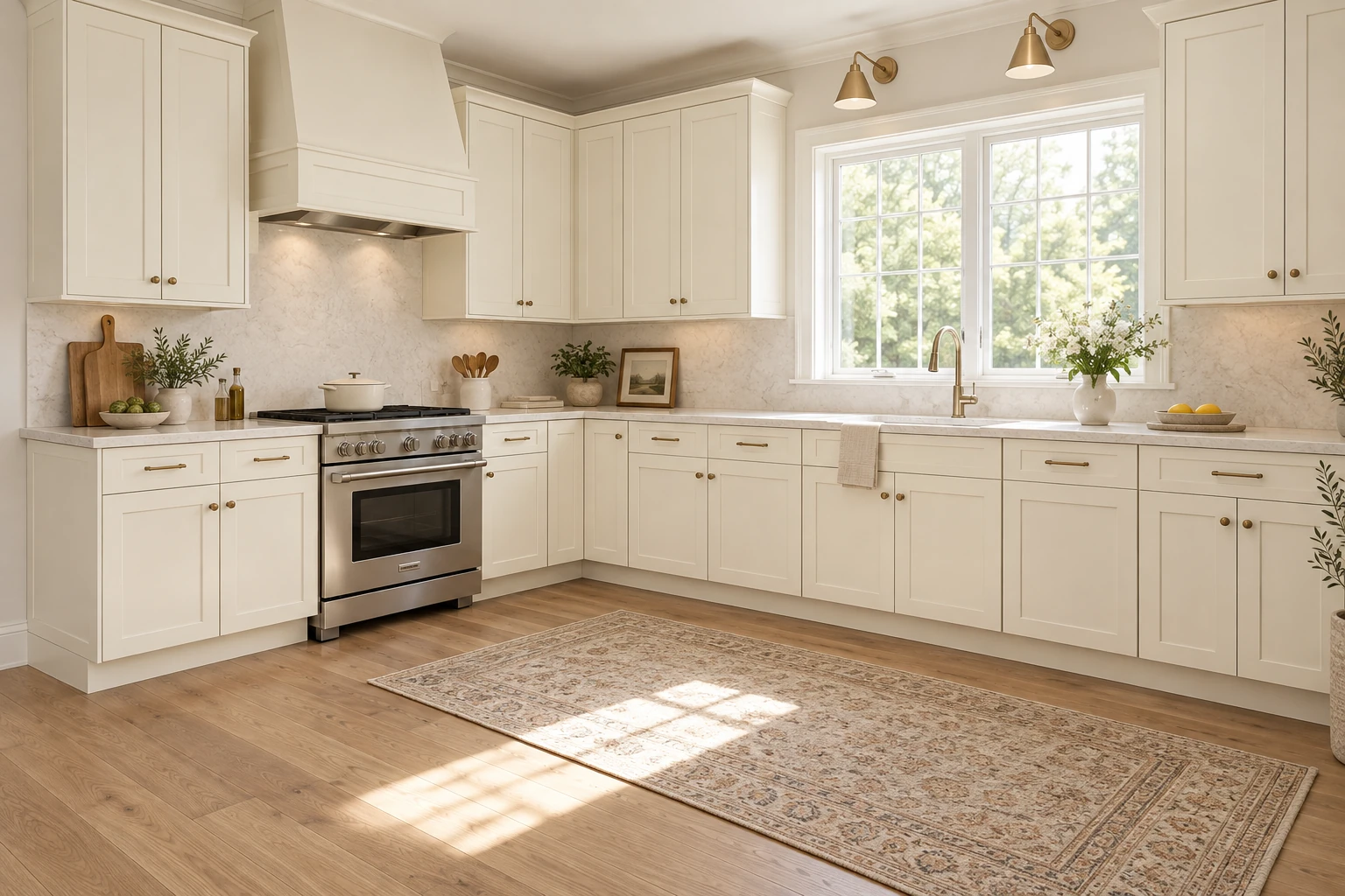 An l-shaped kitchen with Vanilla Shaker cabinetry, pale stone countertops and natural daylight.