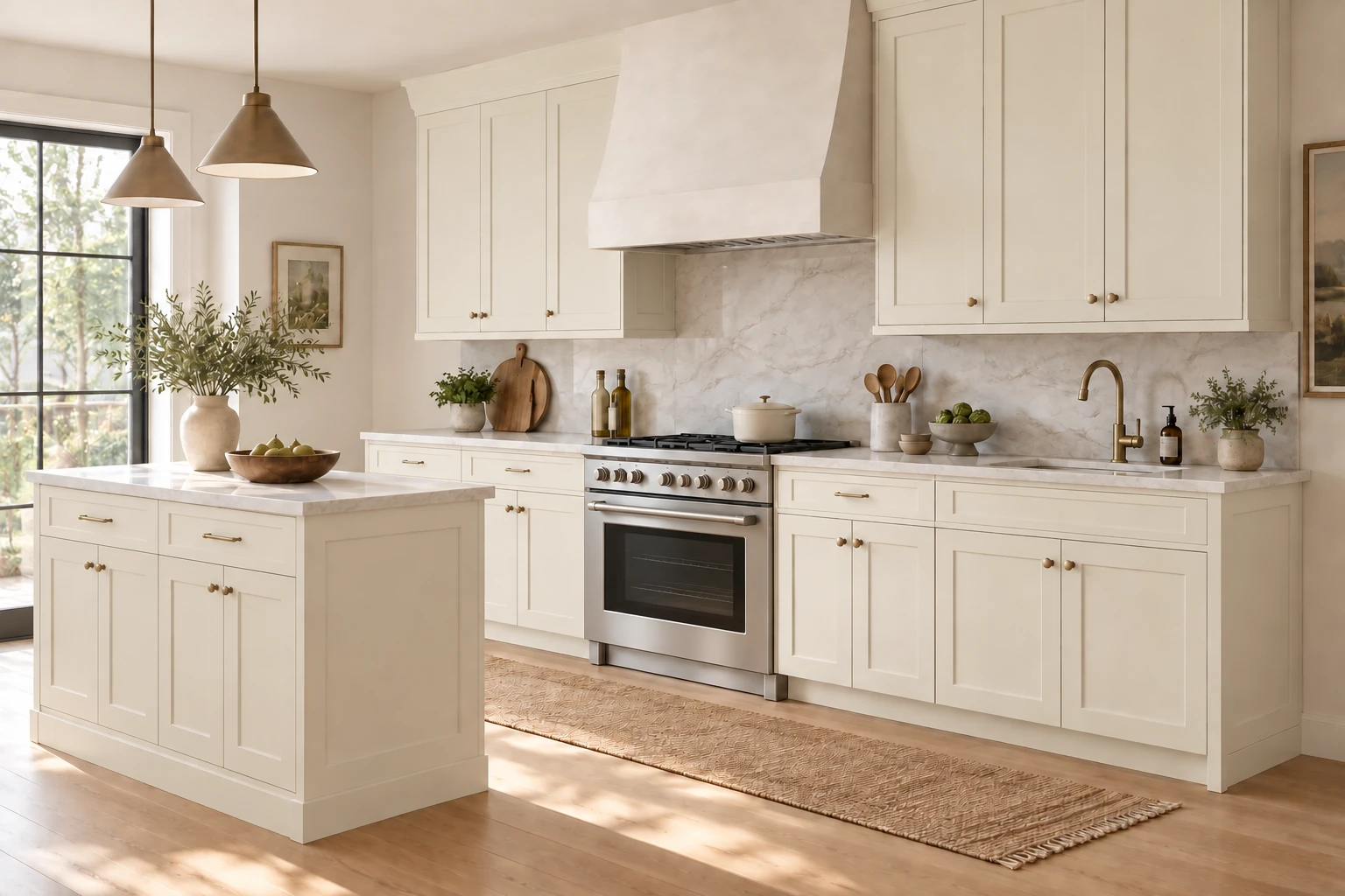A single-wall kitchen with an island with Vanilla Shaker cabinetry, pale stone countertops and natural daylight.