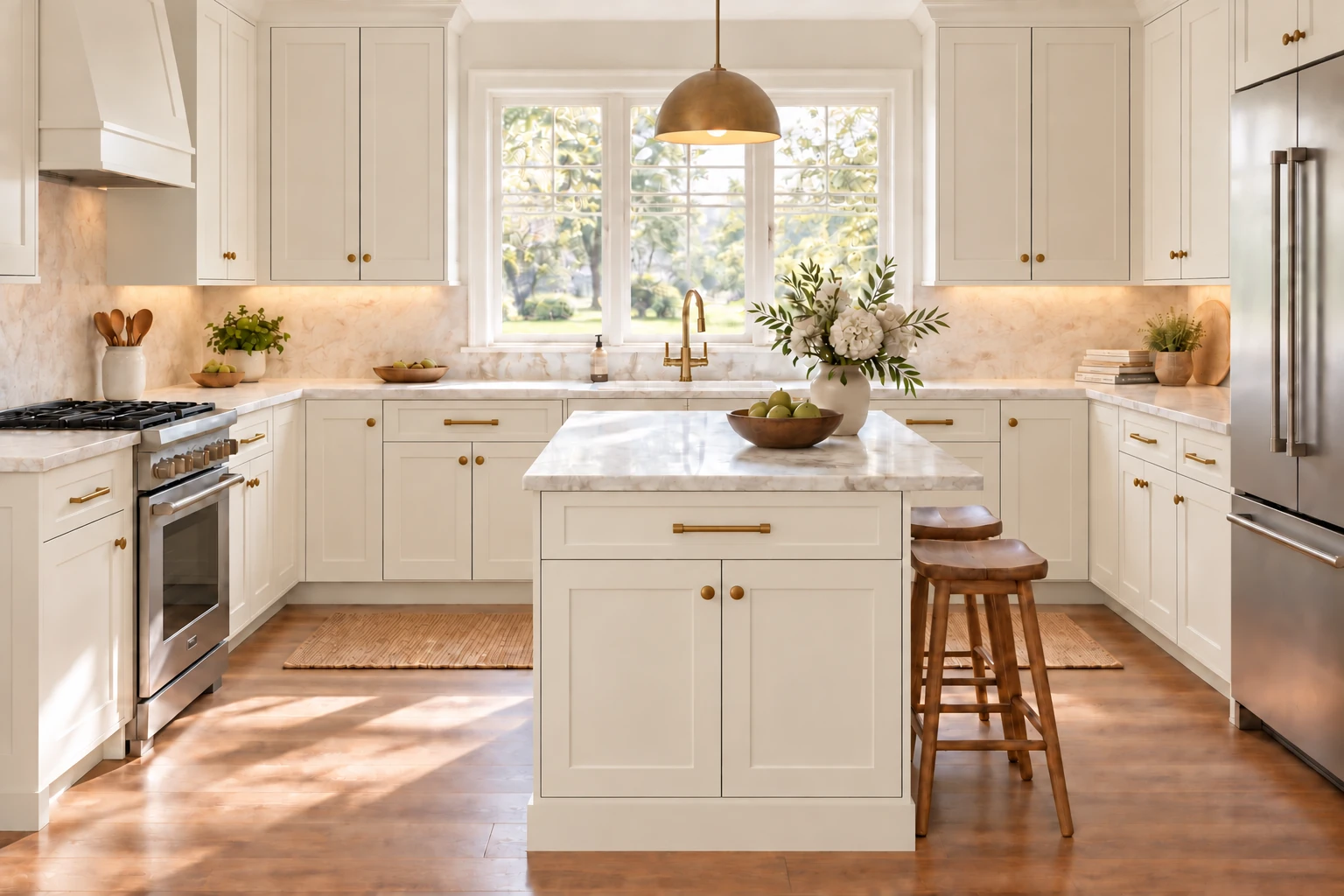 A u-shaped kitchen with an island with Vanilla Shaker cabinetry, pale stone countertops and natural daylight.