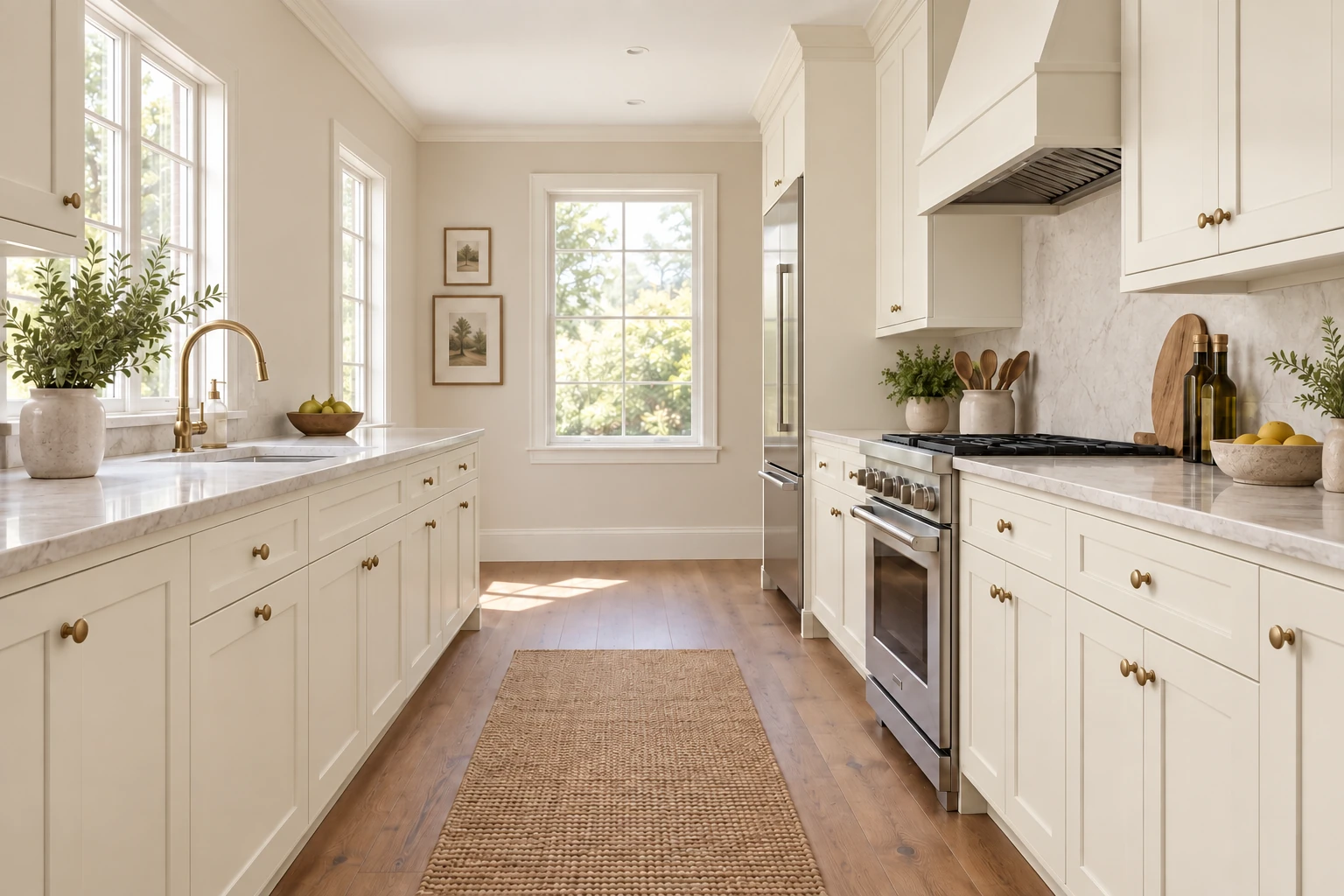 A galley kitchen with Vanilla Shaker cabinetry, pale stone countertops and natural daylight.