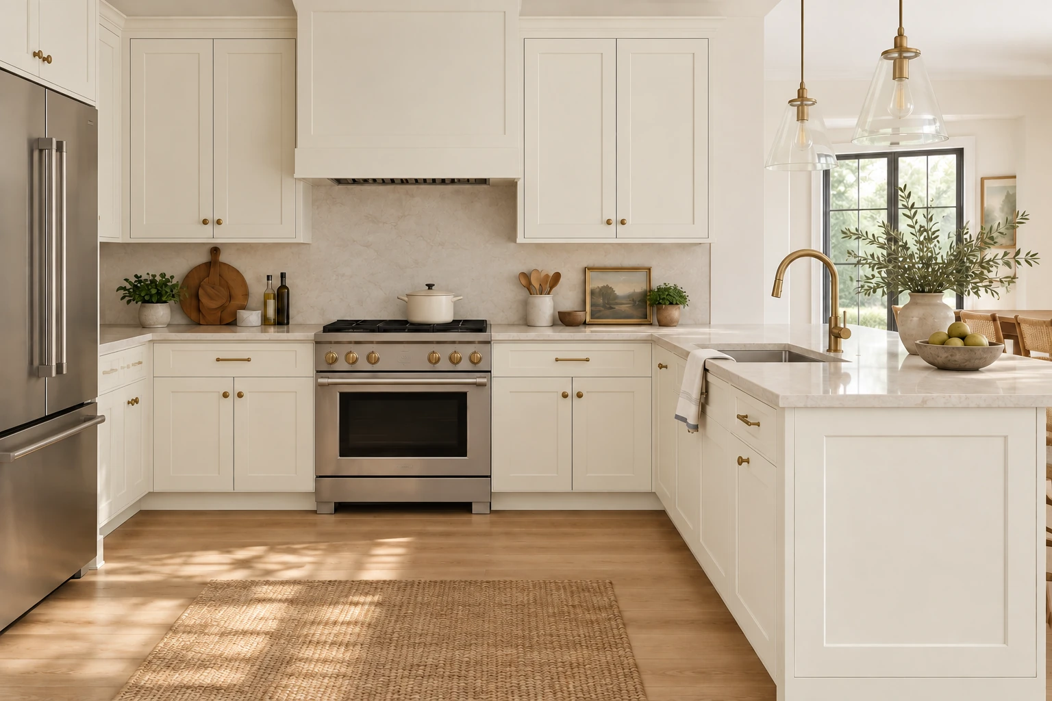A peninsula kitchen with Vanilla Shaker cabinetry, pale stone countertops and natural daylight.