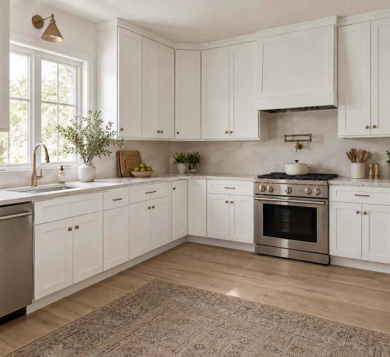 An l-shaped kitchen with white Shaker cabinetry, pale stone countertops and natural daylight.
