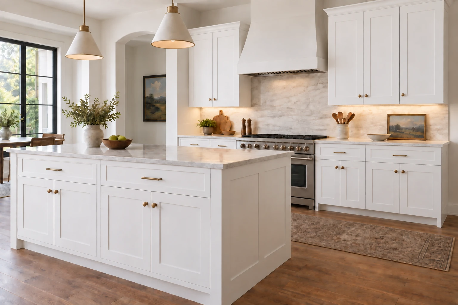A single-wall kitchen with an island with white Shaker cabinetry, pale stone countertops and natural daylight.