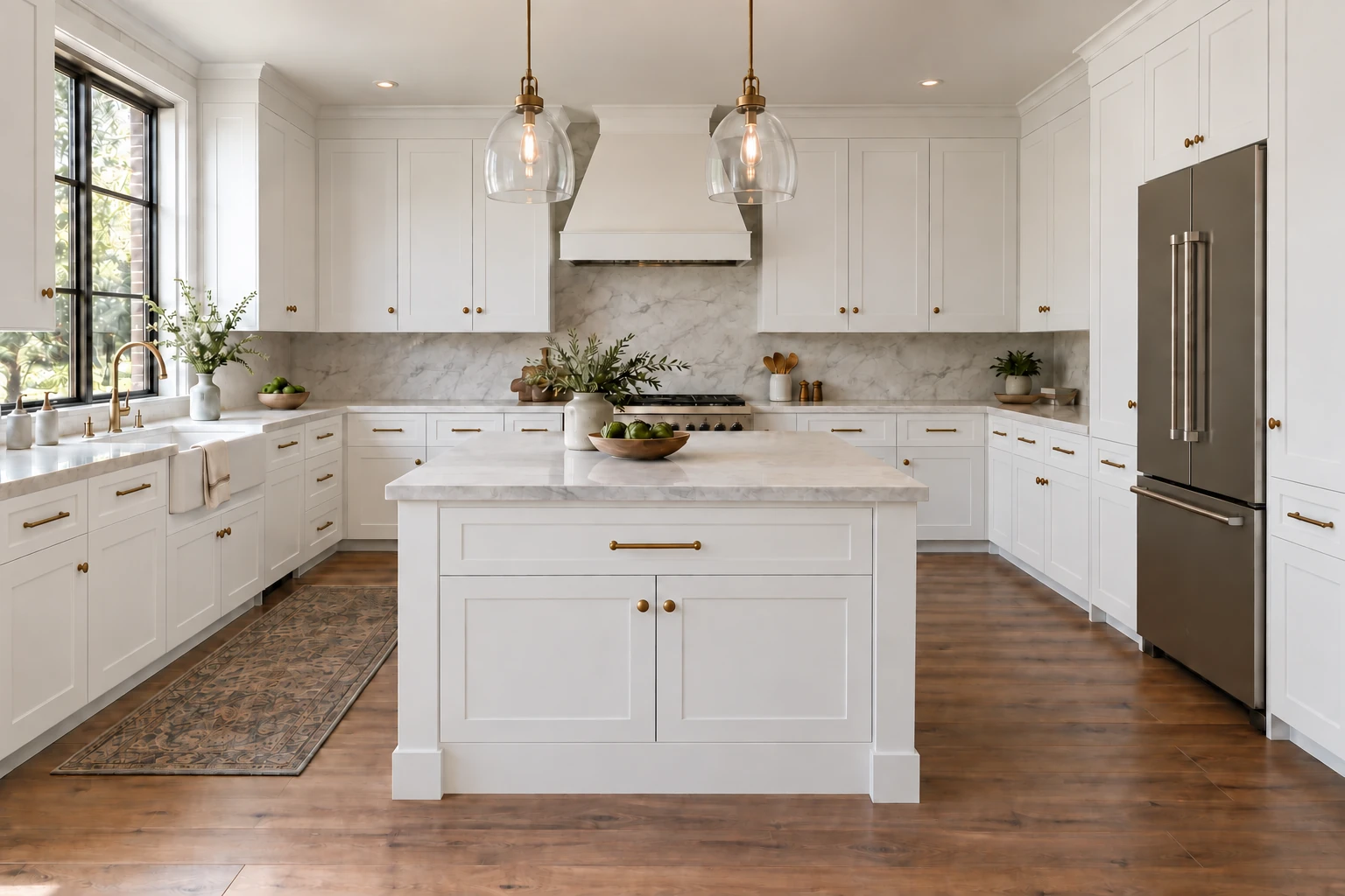 A u-shaped kitchen with an island with white Shaker cabinetry, pale stone countertops and natural daylight.