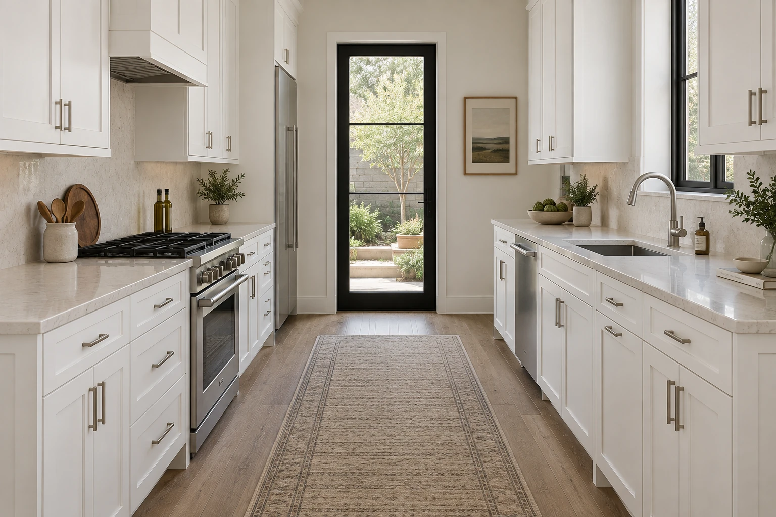 A galley kitchen with white Shaker cabinetry, pale stone countertops and natural daylight.