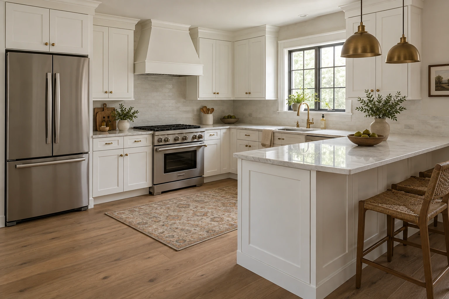 A peninsula kitchen with white Shaker cabinetry, pale stone countertops and natural daylight.