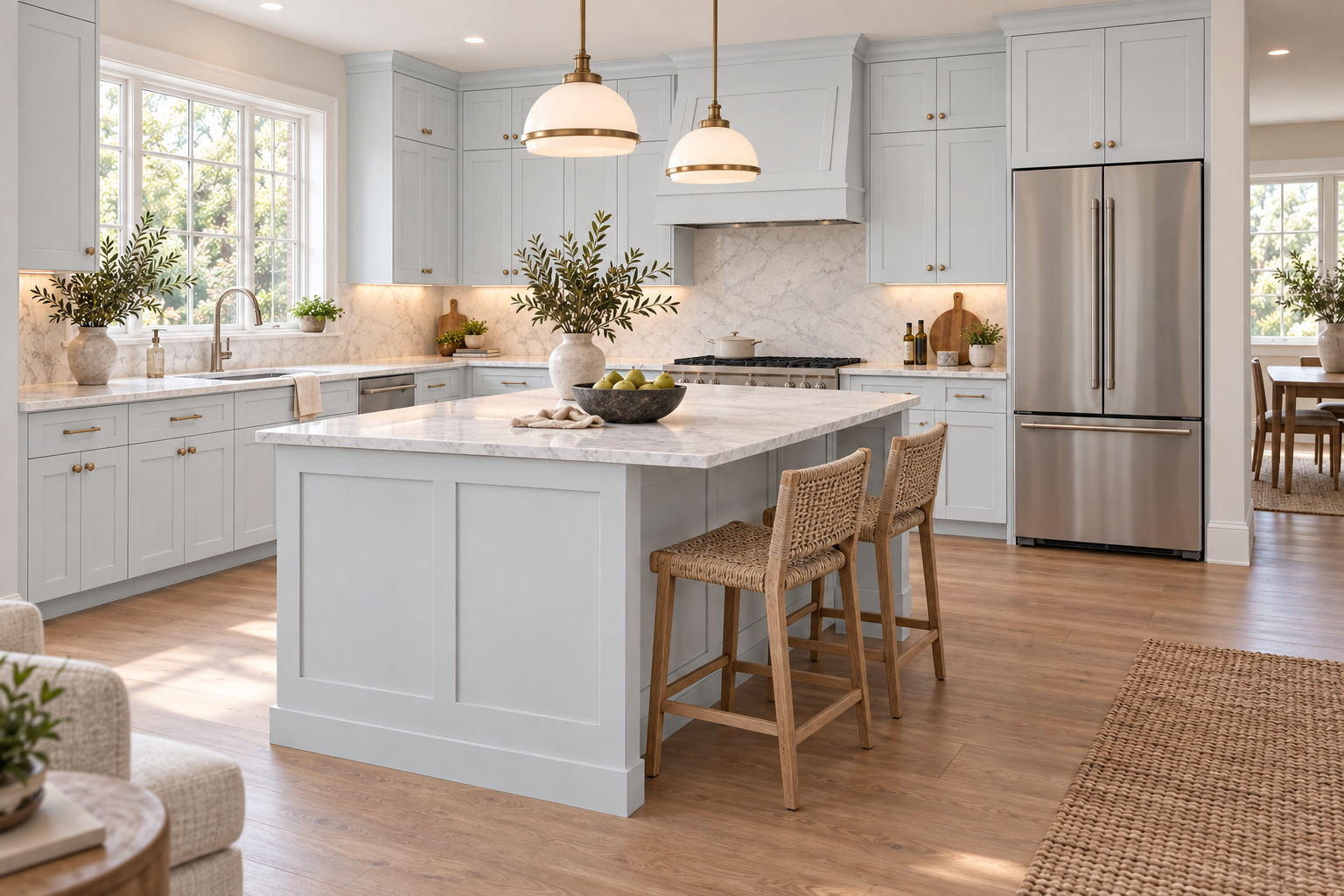 An open L-shaped kitchen with Dawn Gray Full Overlay Shaker cabinetry, a freestanding island and twin pendant lights.