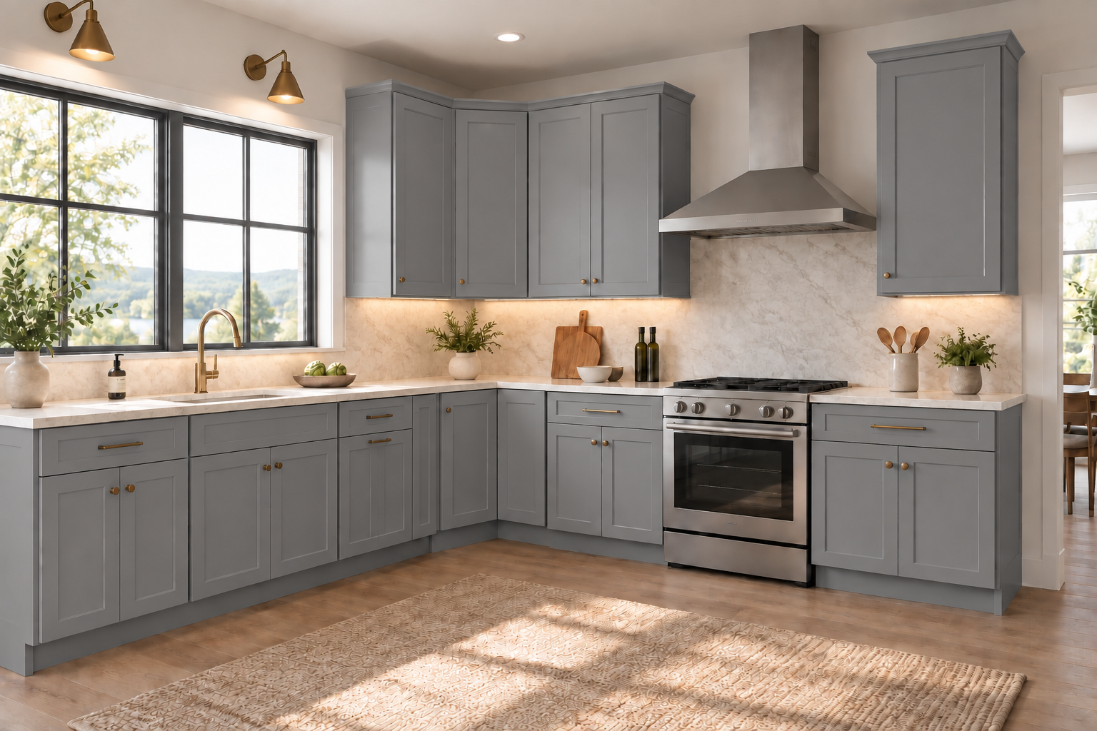 An l-shaped kitchen with gray Shaker cabinetry, pale stone countertops and natural daylight.