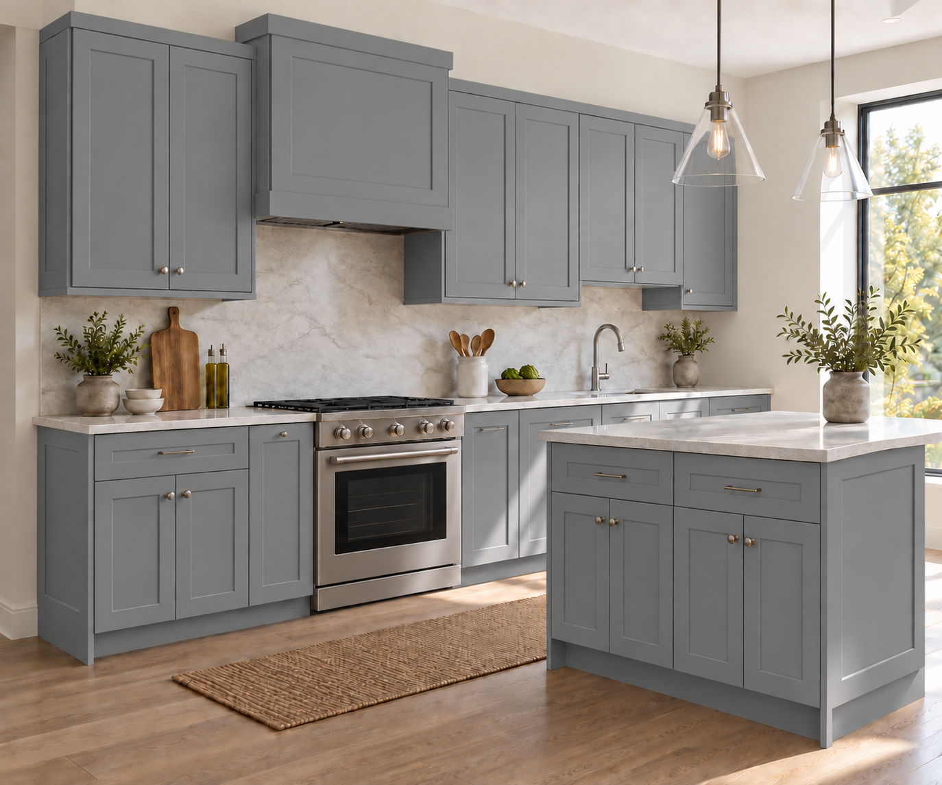 A single-wall kitchen with an island with gray Shaker cabinetry, pale stone countertops and natural daylight.