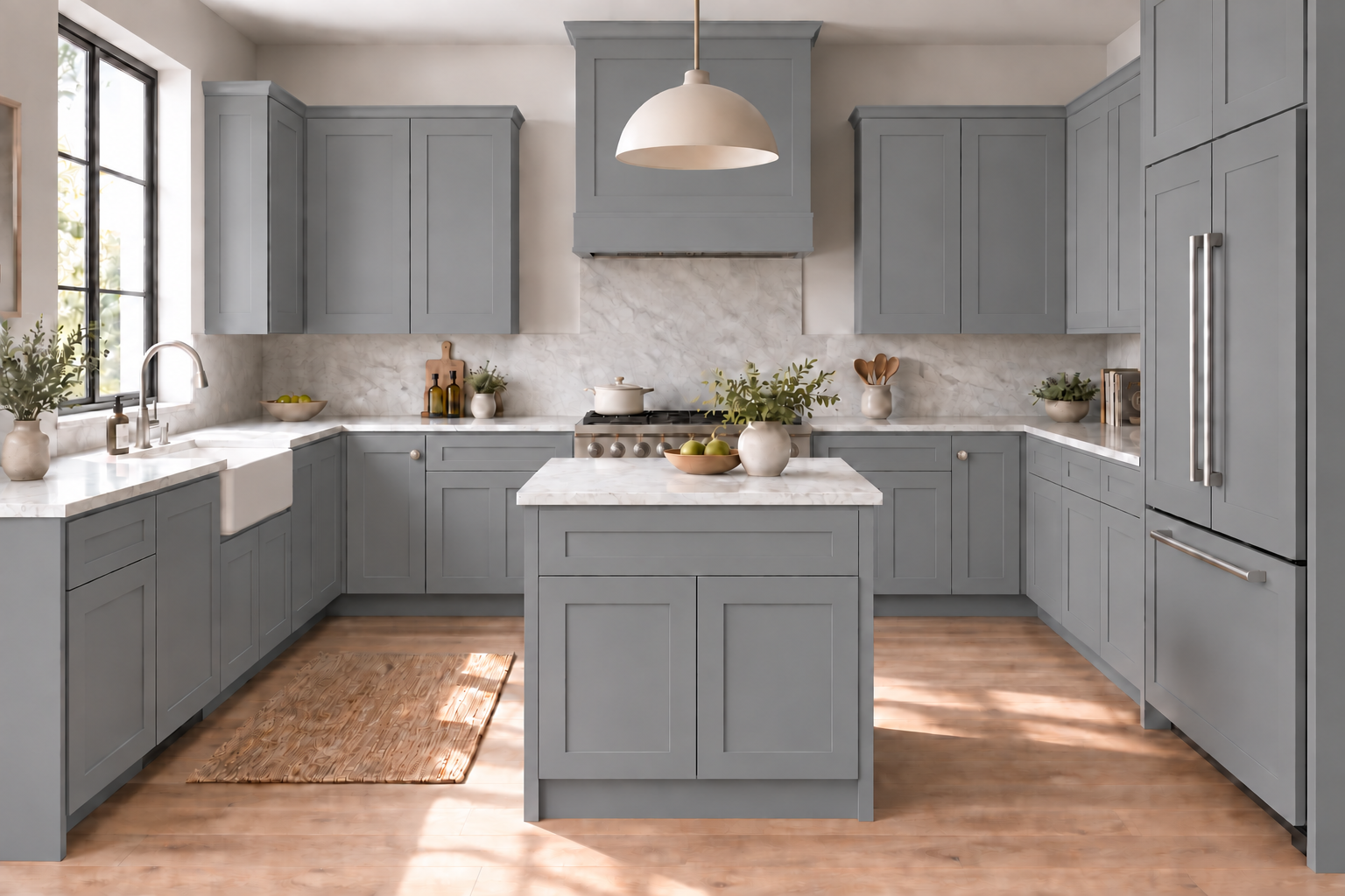 A u-shaped kitchen with an island with gray Shaker cabinetry, pale stone countertops and natural daylight.