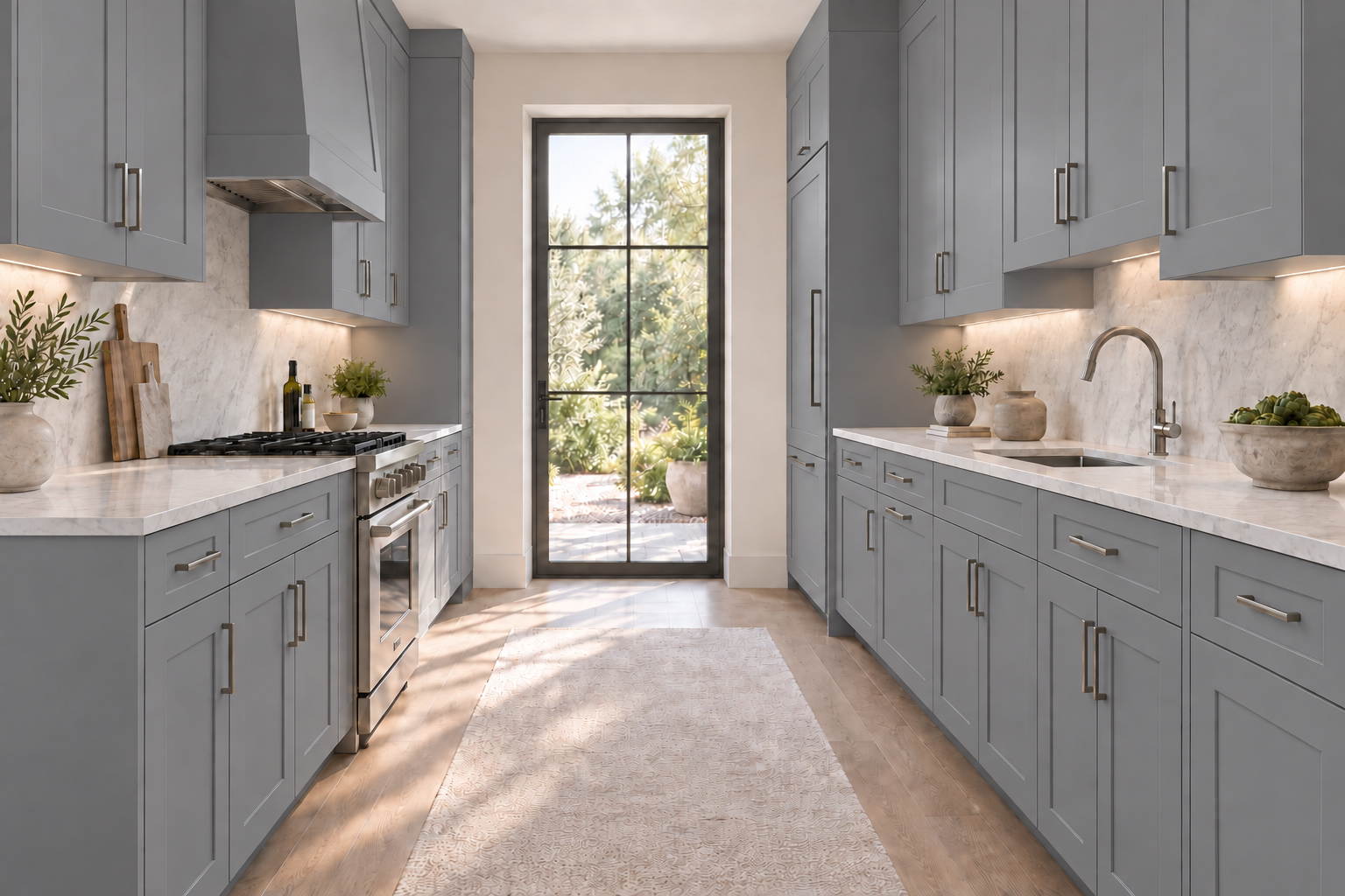 A galley kitchen with gray Shaker cabinetry, pale stone countertops and natural daylight.