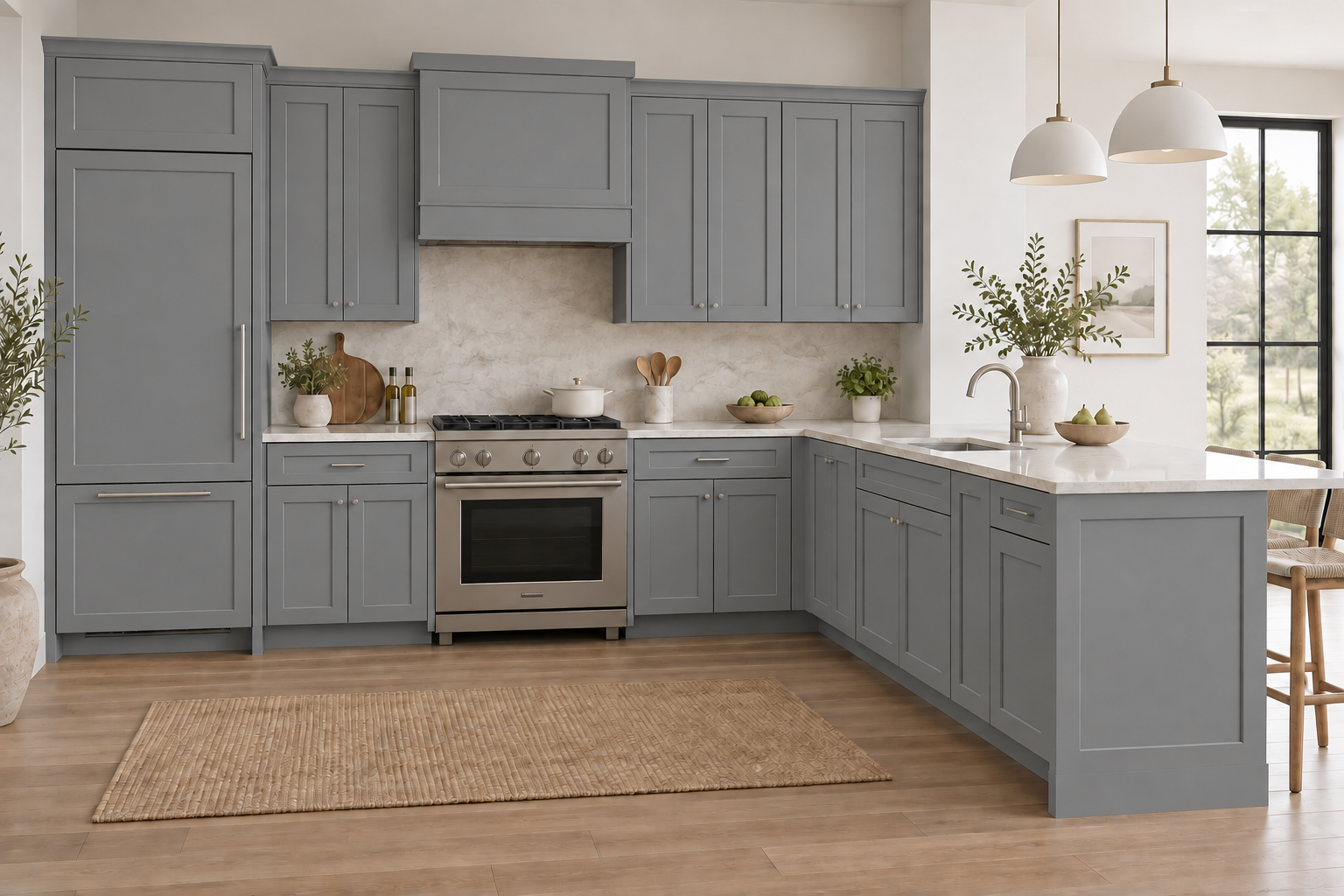 A peninsula kitchen with gray Shaker cabinetry, pale stone countertops and natural daylight.