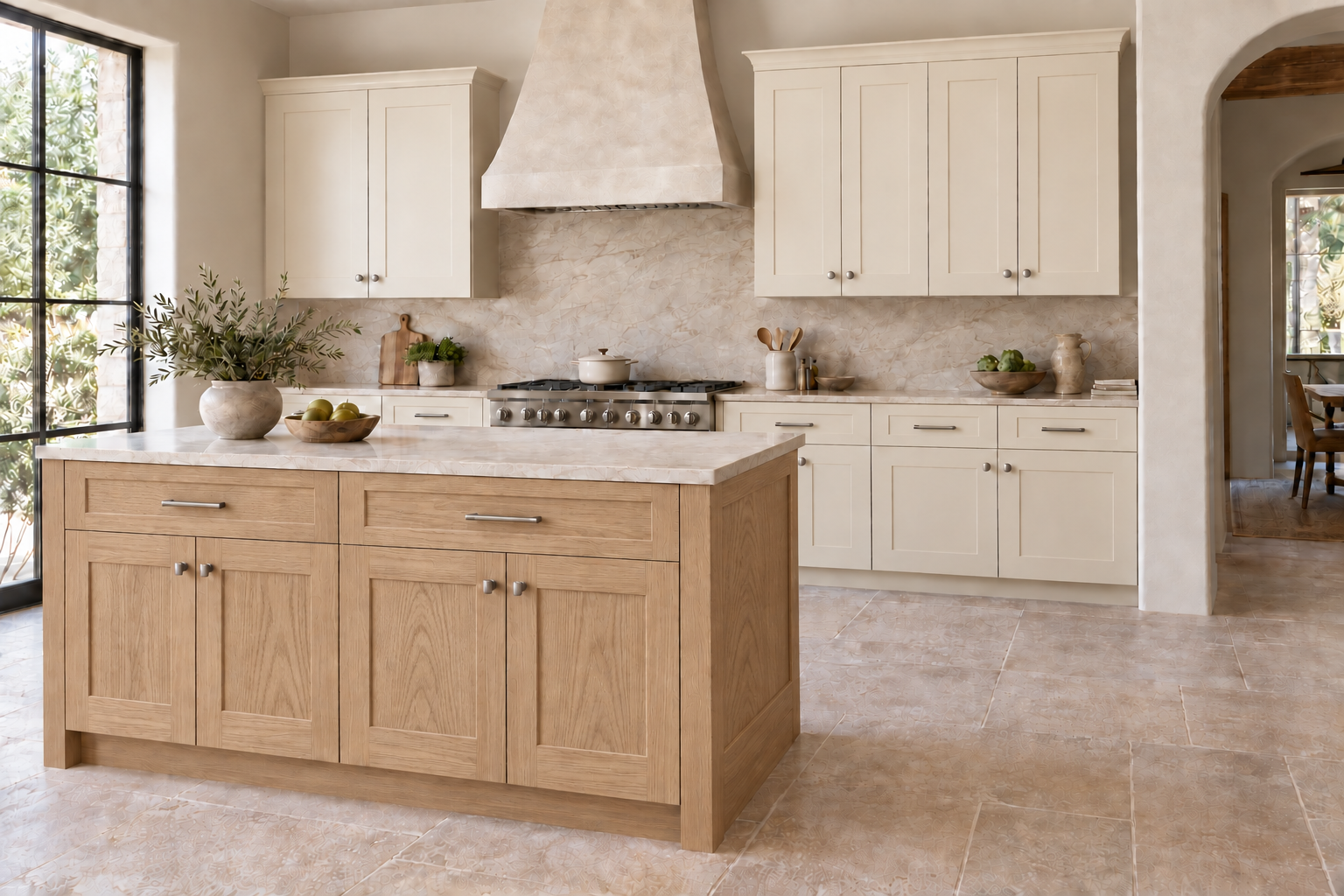 Vanilla + White Oak full-overlay Shaker kitchen with a contrasting island — natural daylight.