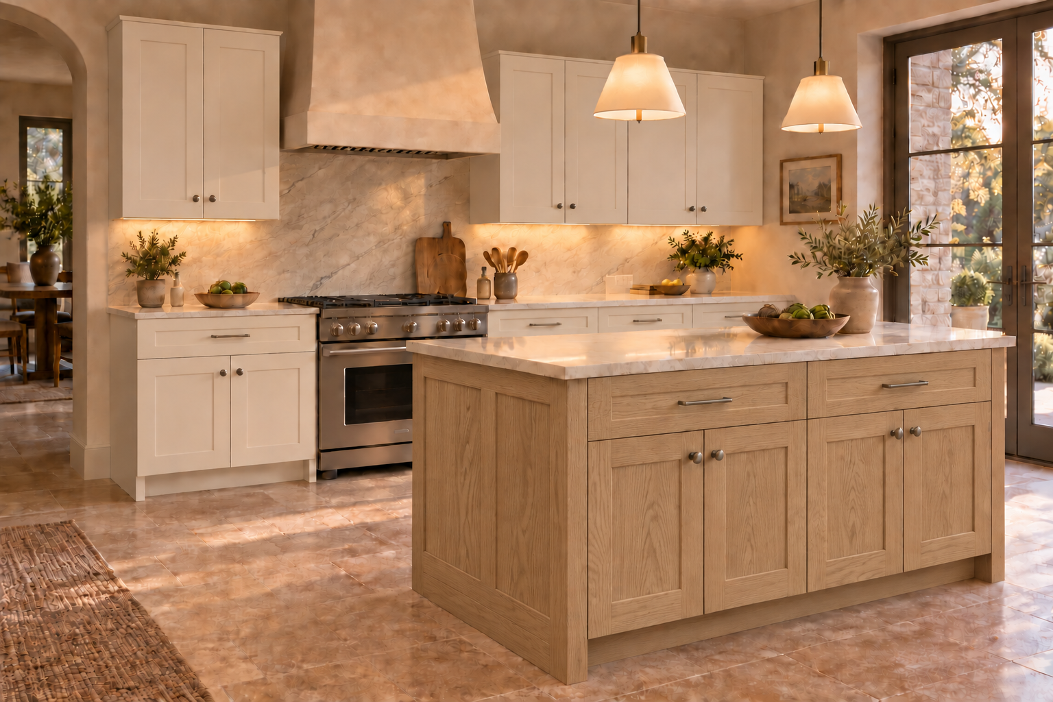 Vanilla + White Oak full-overlay Shaker kitchen with a contrasting island — lights on.
