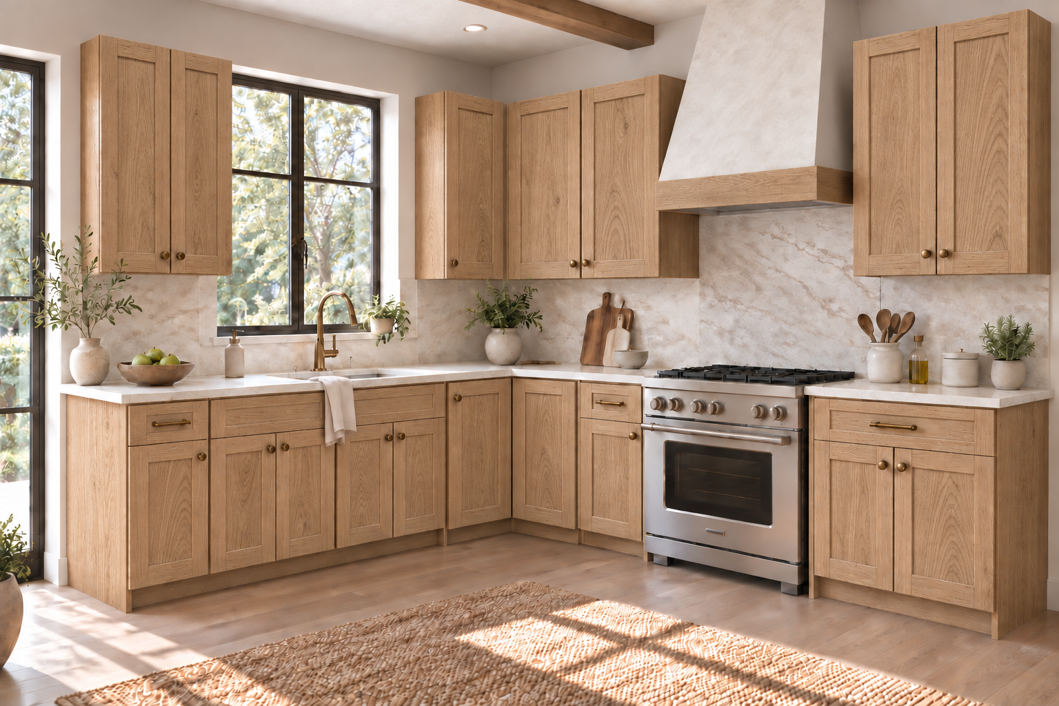 An l-shaped kitchen with natural White Oak Shaker cabinetry, pale stone countertops and natural daylight.