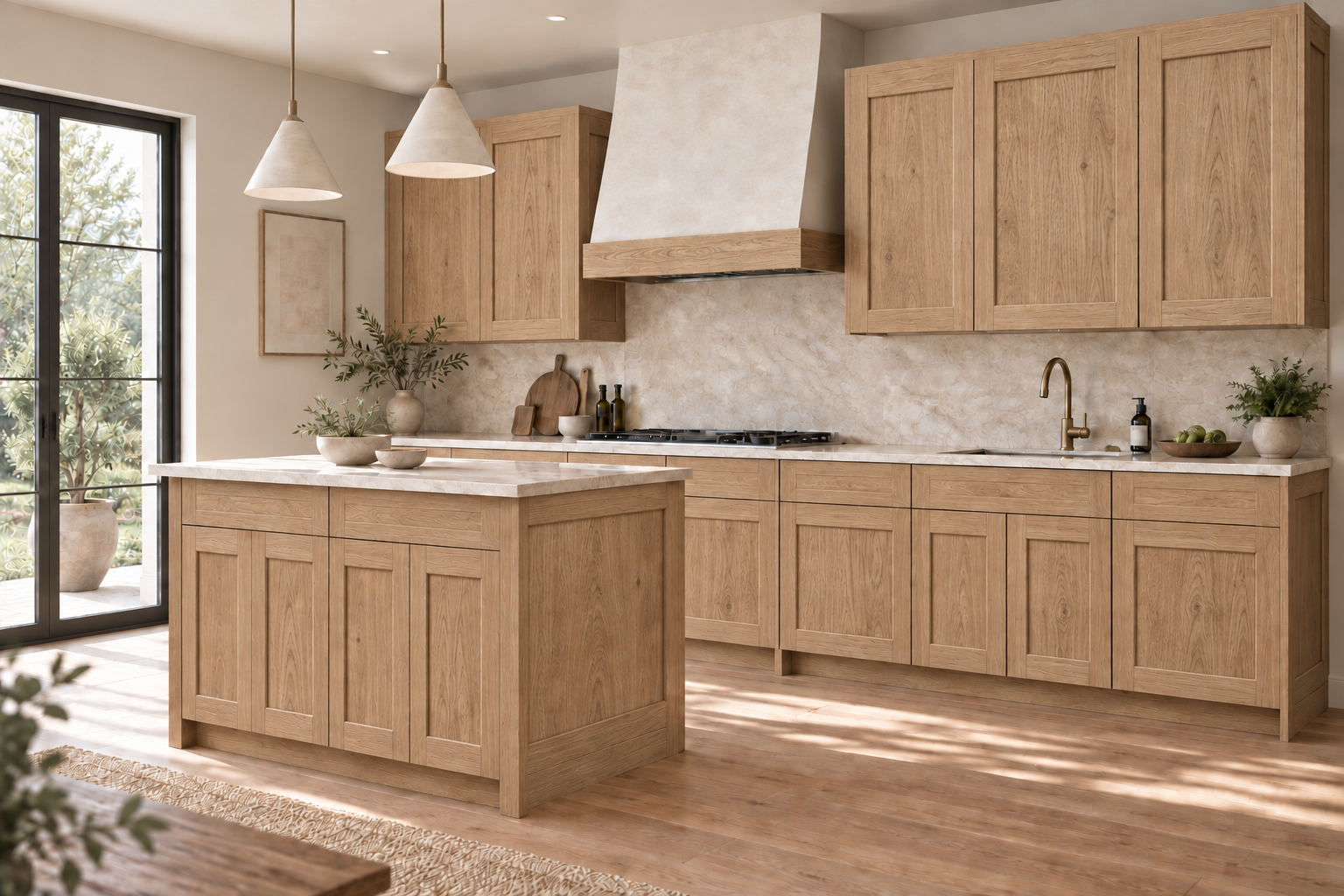 A single-wall kitchen with an island with natural White Oak Shaker cabinetry, pale stone countertops and natural daylight.