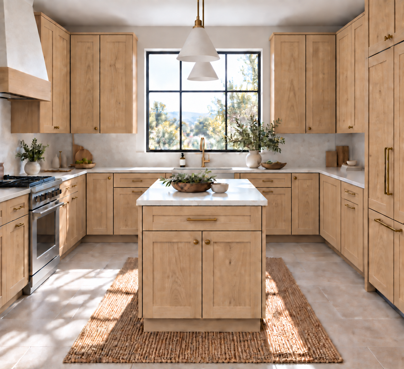 A u-shaped kitchen with an island with natural White Oak Shaker cabinetry, pale stone countertops and natural daylight.