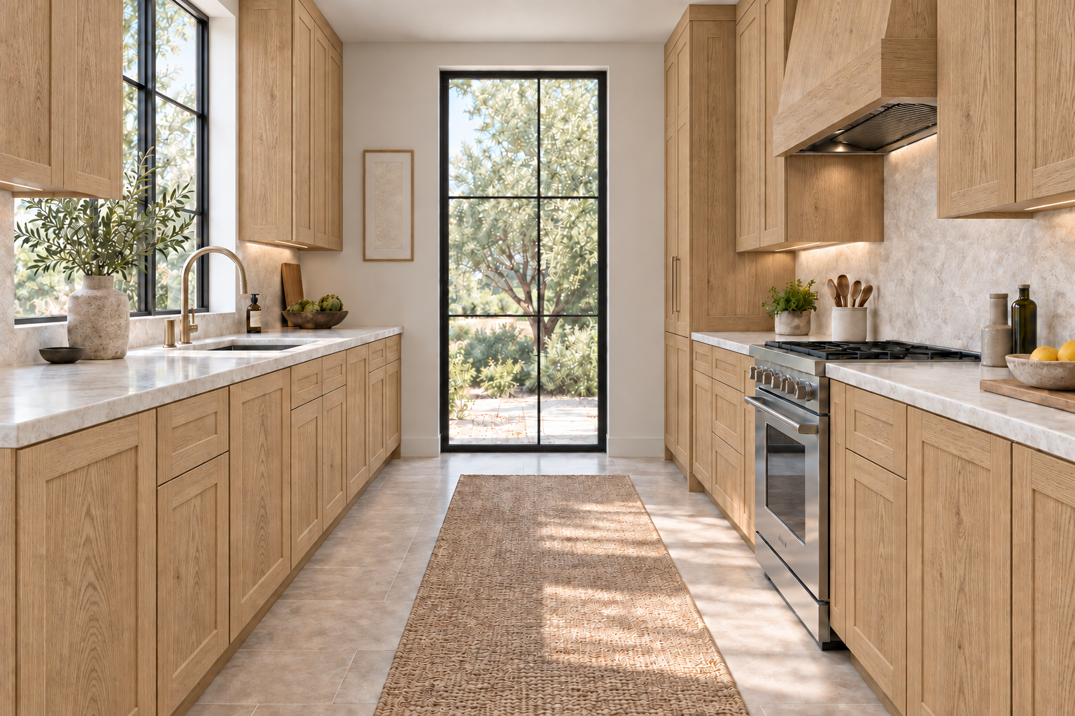 A galley kitchen with natural White Oak Shaker cabinetry, pale stone countertops and natural daylight.
